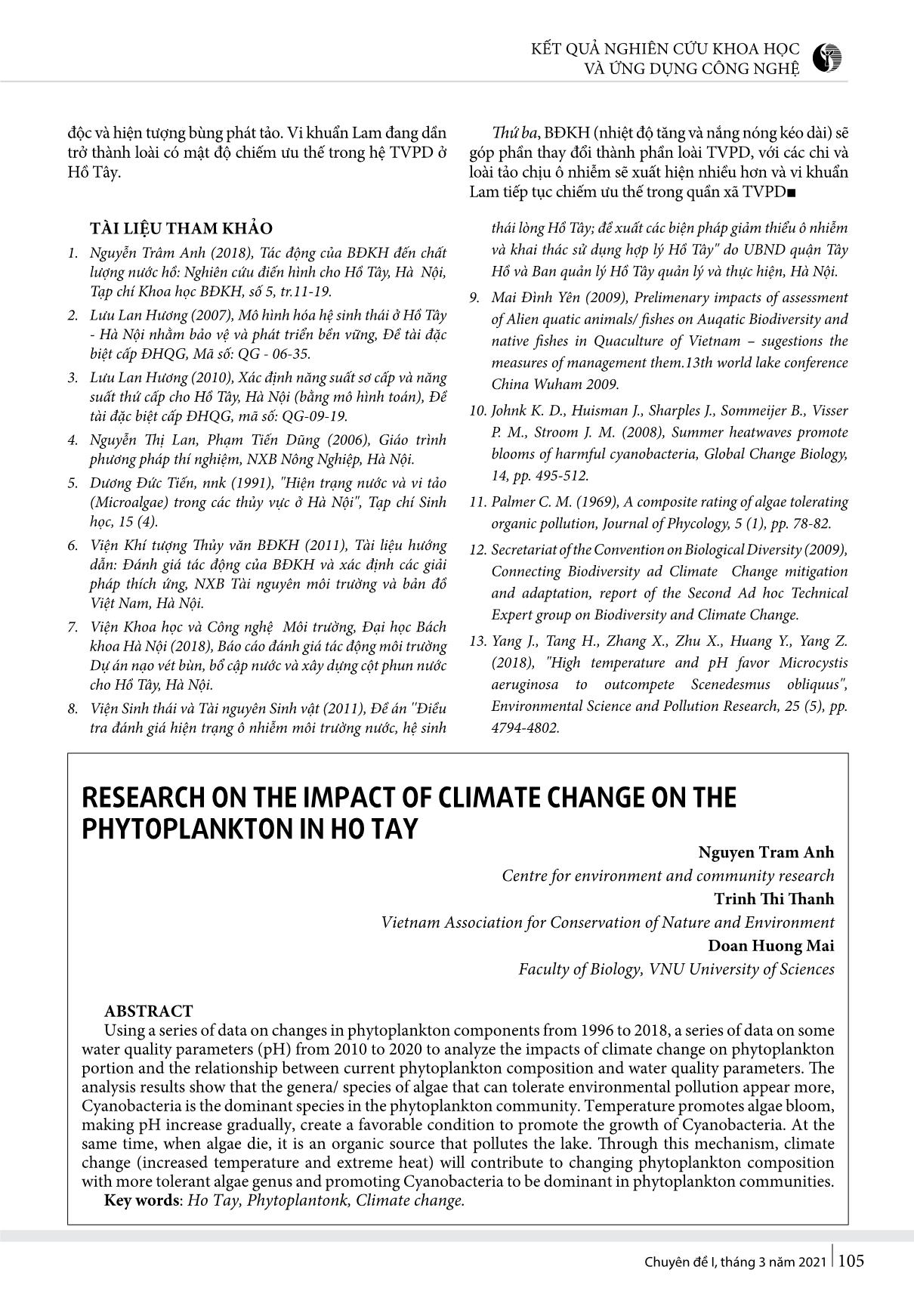Nghiên cứu ảnh hưởng của biến đổi khí hậu đến sự phát triển thực vật phù du tại Hồ Tây trang 5