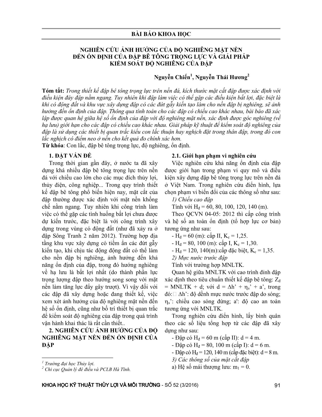 Nghiên cứu ảnh hưởng của độ nghiêng mặt nền đến ổn định của đập bê tông trọng lực và giải pháp kiểm soát độ nghiêng của đập trang 1