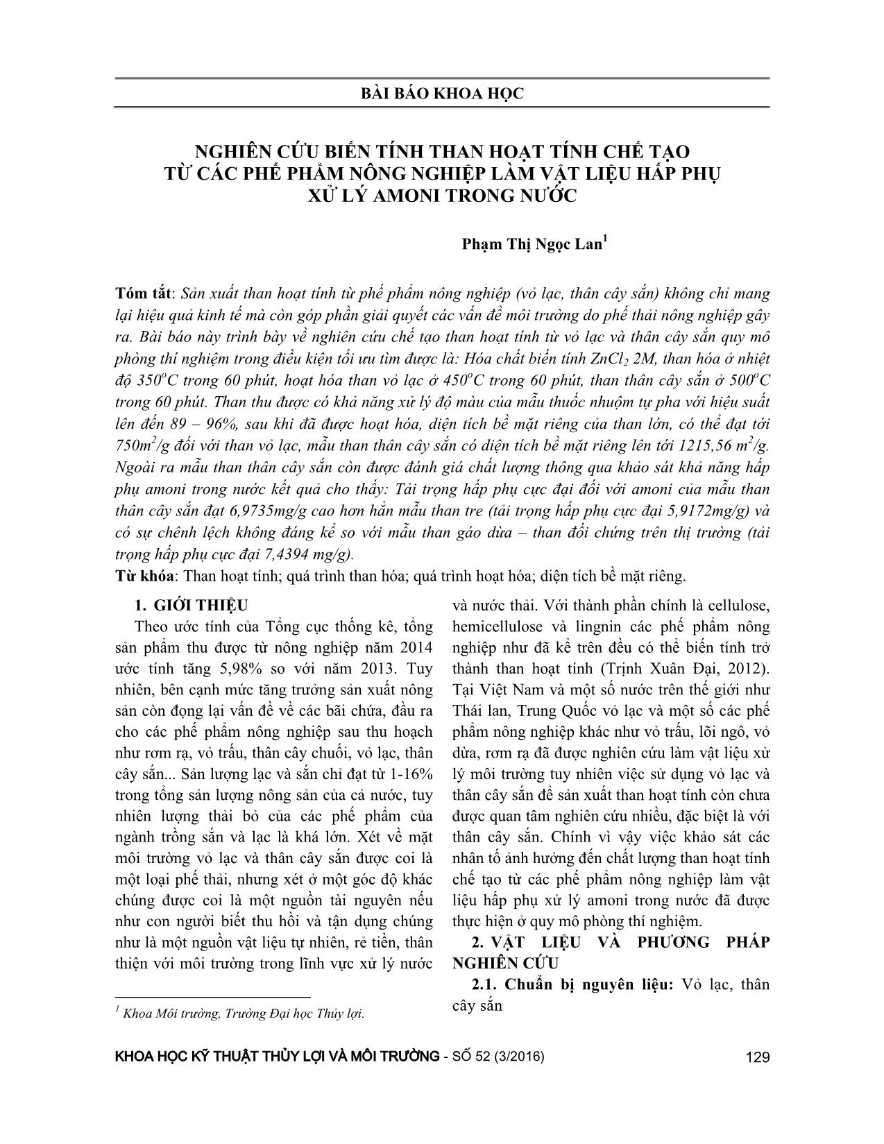 Nghiên cứu biến tính than hoạt tính chế tạo từ các phế phẩm nông nghiệp làm vật liệu hấp phụ xử lý Amoni trong nước trang 1