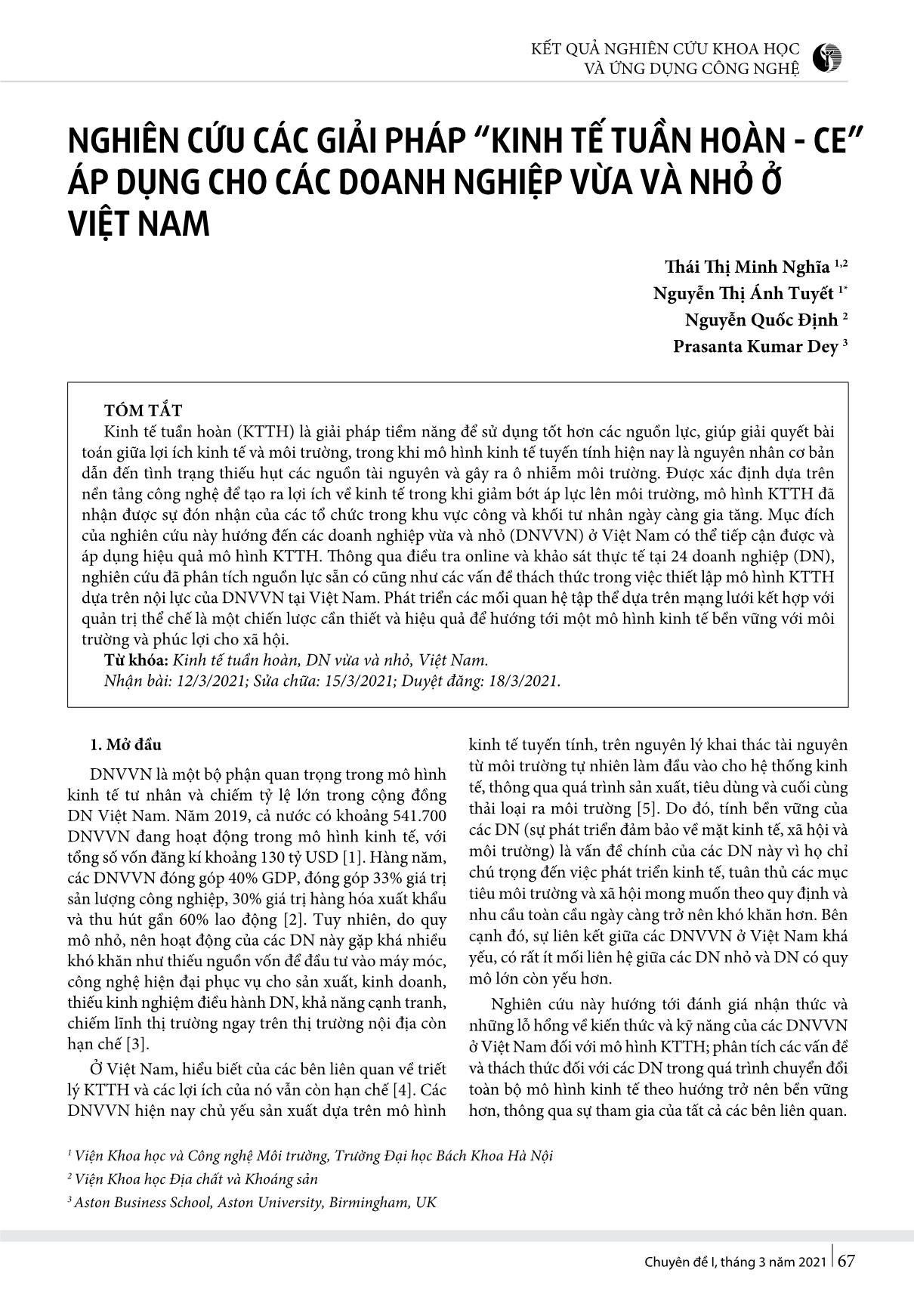 Nghiên cứu các giải pháp “Kinh tế tuần hoàn - CE” áp dụng cho các doanh nghiệp vừa và nhỏ ở Việt Nam trang 1