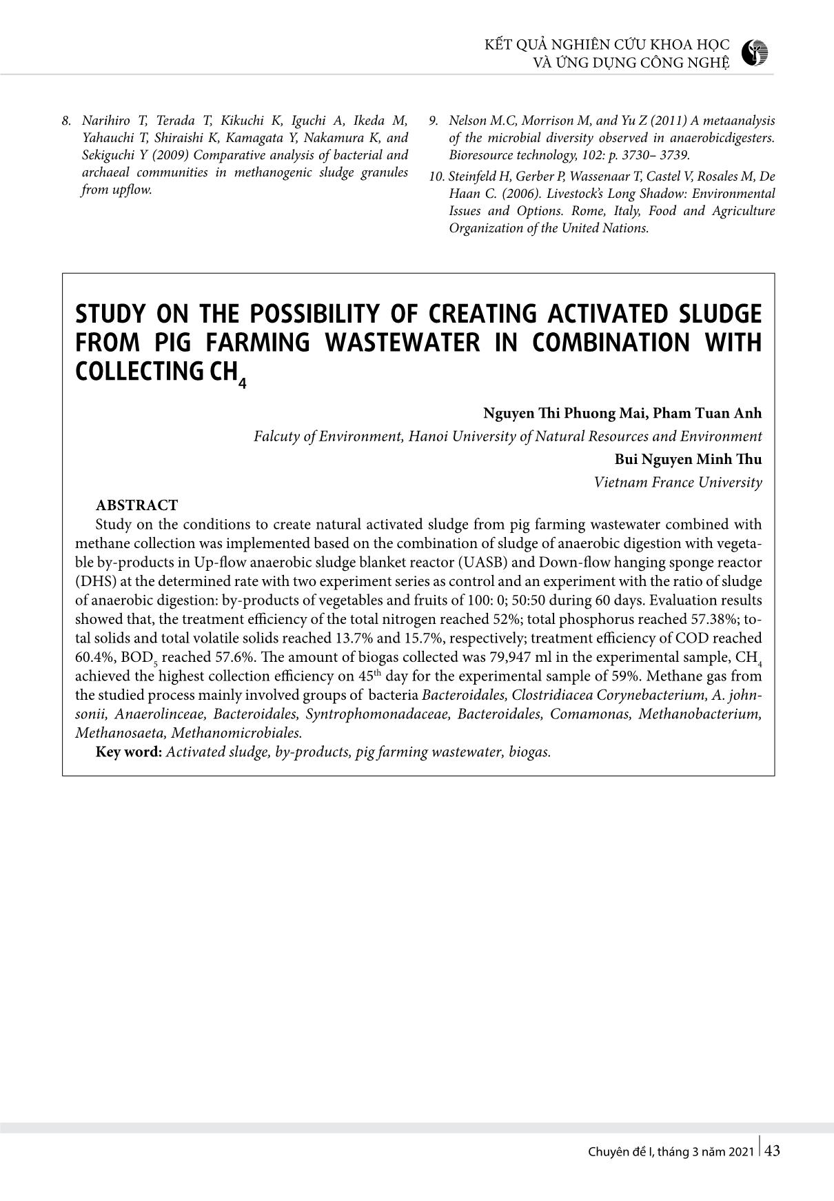Nghiên cứu khả năng ổn định bùn hoạt tính từ nước thải chăn nuôi lợn kết hợp thu khí CH4 trang 7