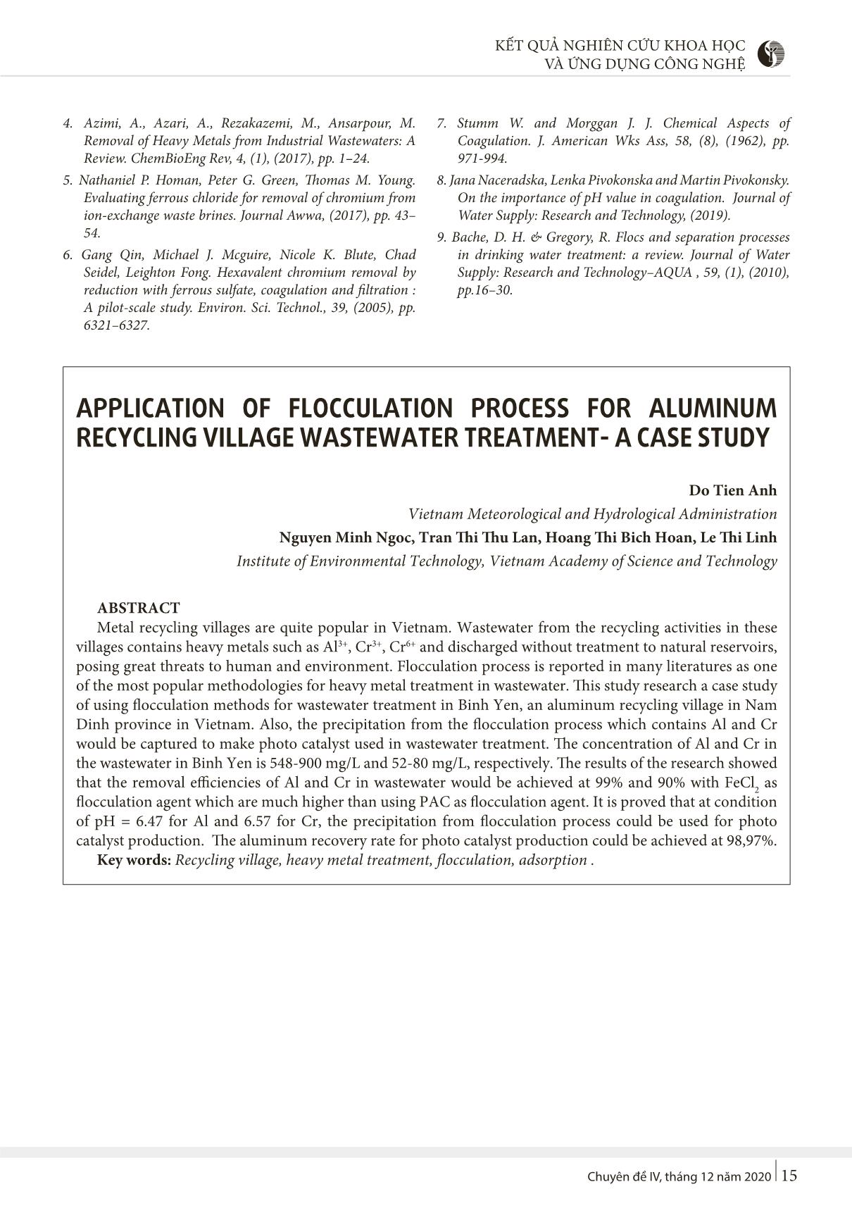 Nghiên cứu khả năng xử lý Al, Cr trong nước thải làng nghề tái chế nhôm bằng phương pháp keo tụ trang 8