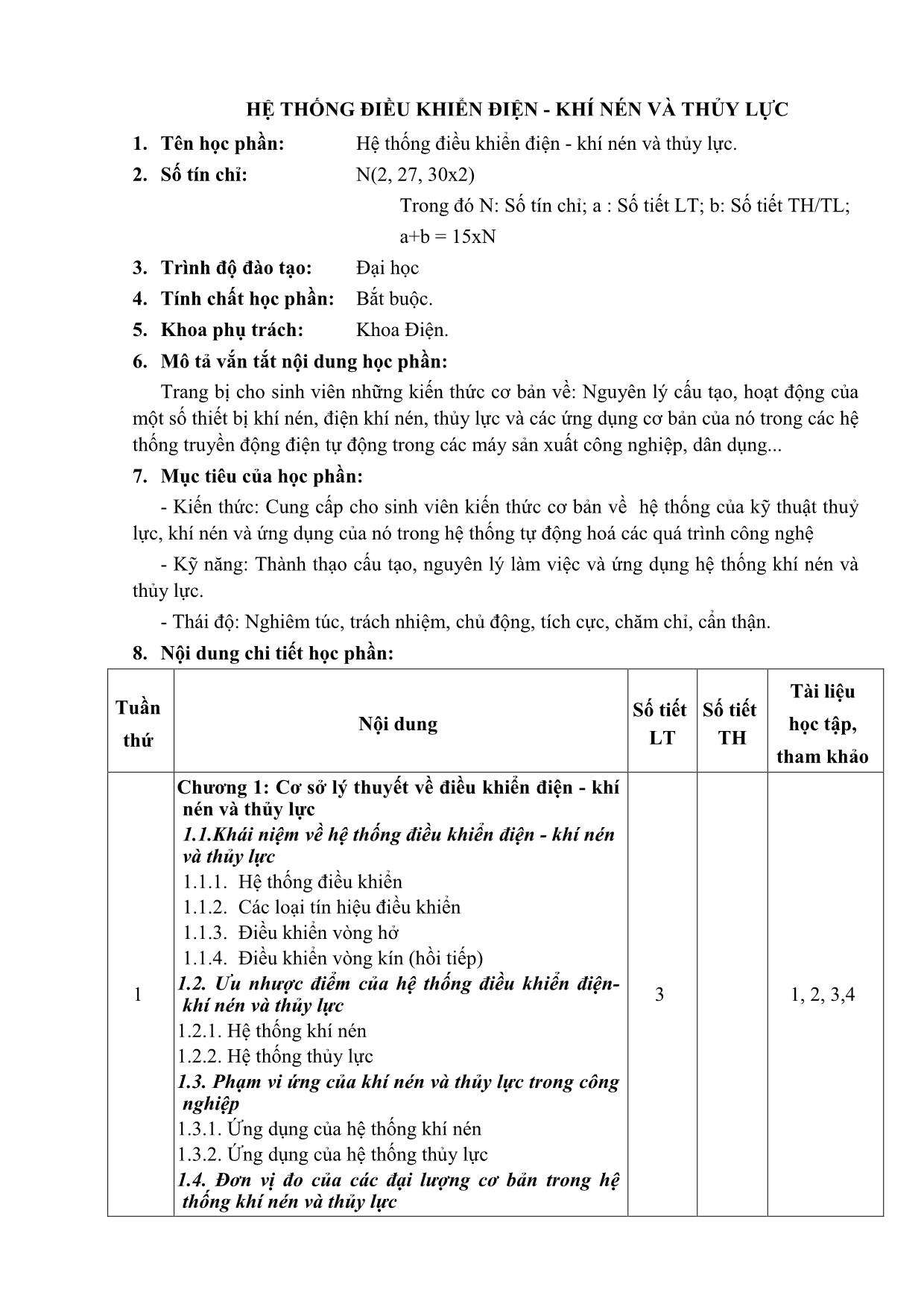 Giáo trình Hệ thống điều khiển điện. Khí nén và thủy lực trang 1