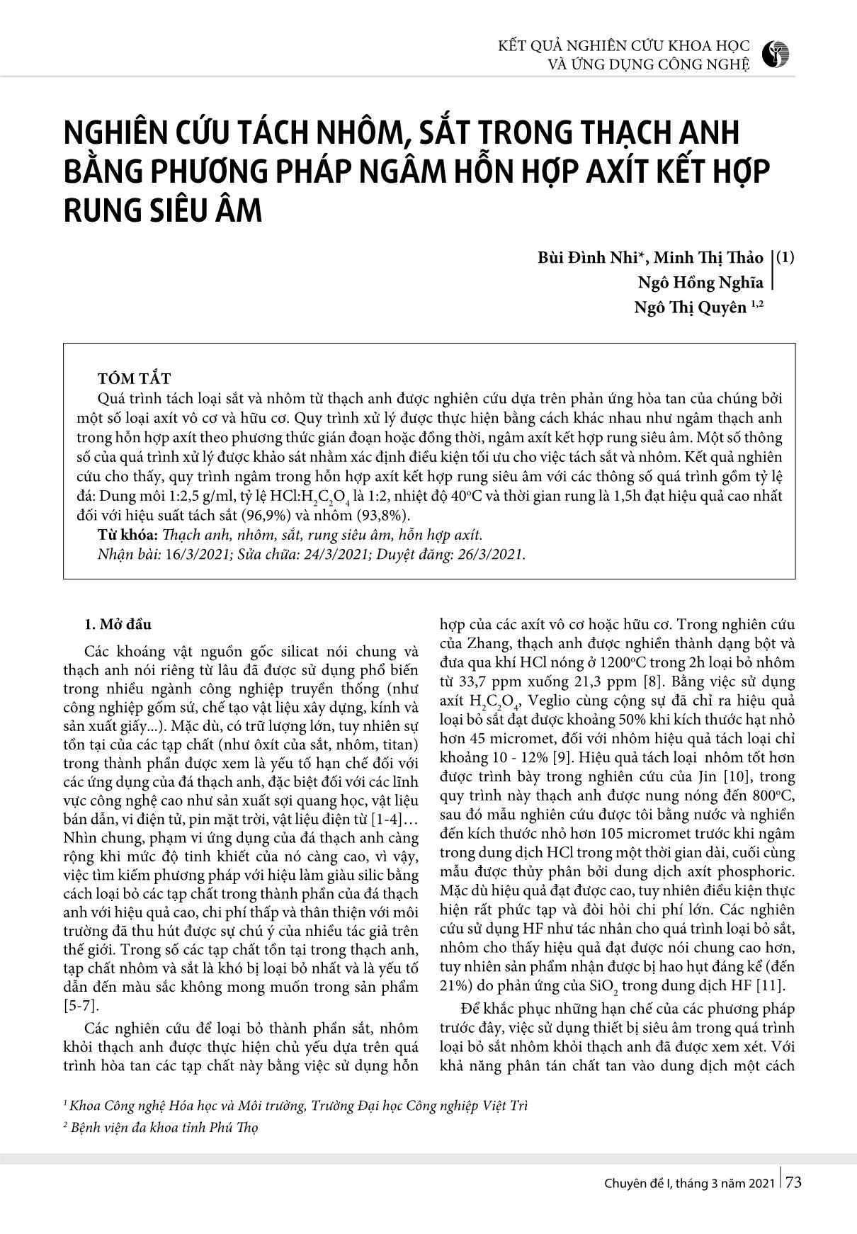 Nghiên cứu tách nhôm, sắt trong thạch anh bằng phương pháp ngâm hỗn hợp axít kết hợp rung siêu âm trang 1