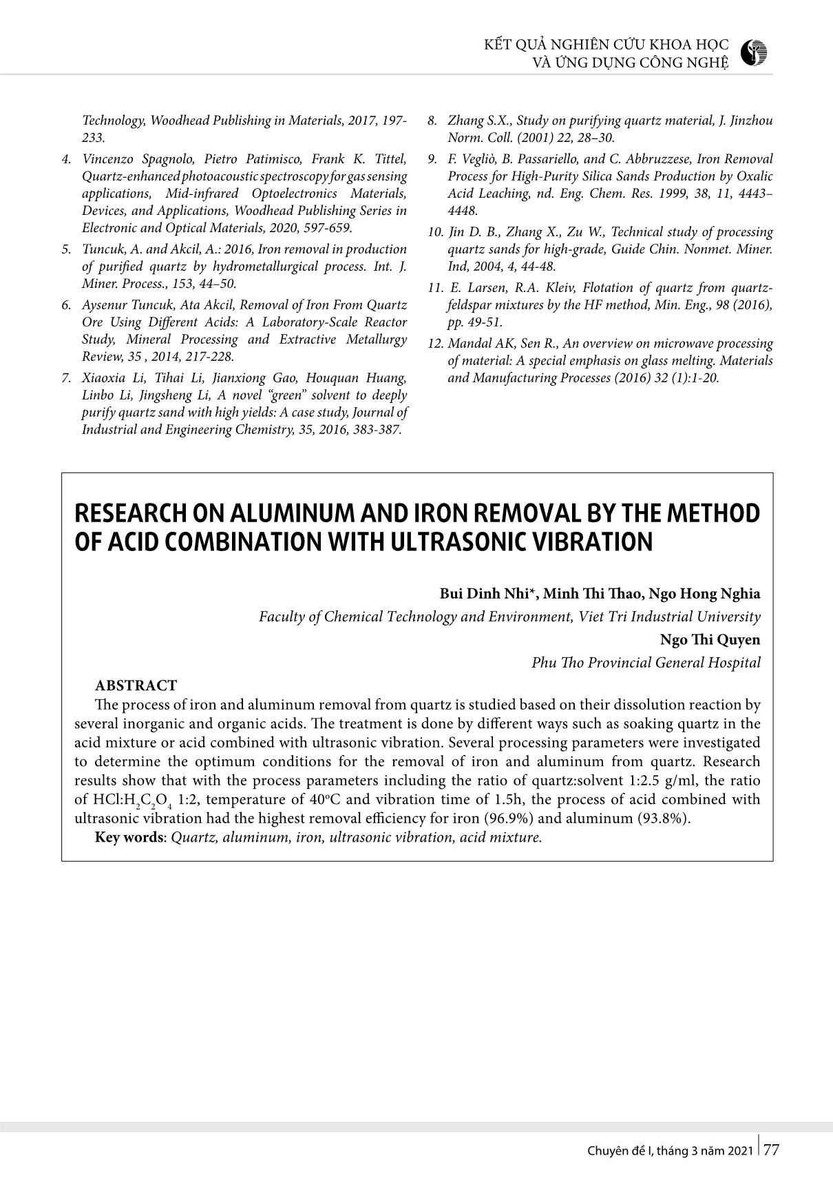 Nghiên cứu tách nhôm, sắt trong thạch anh bằng phương pháp ngâm hỗn hợp axít kết hợp rung siêu âm trang 5
