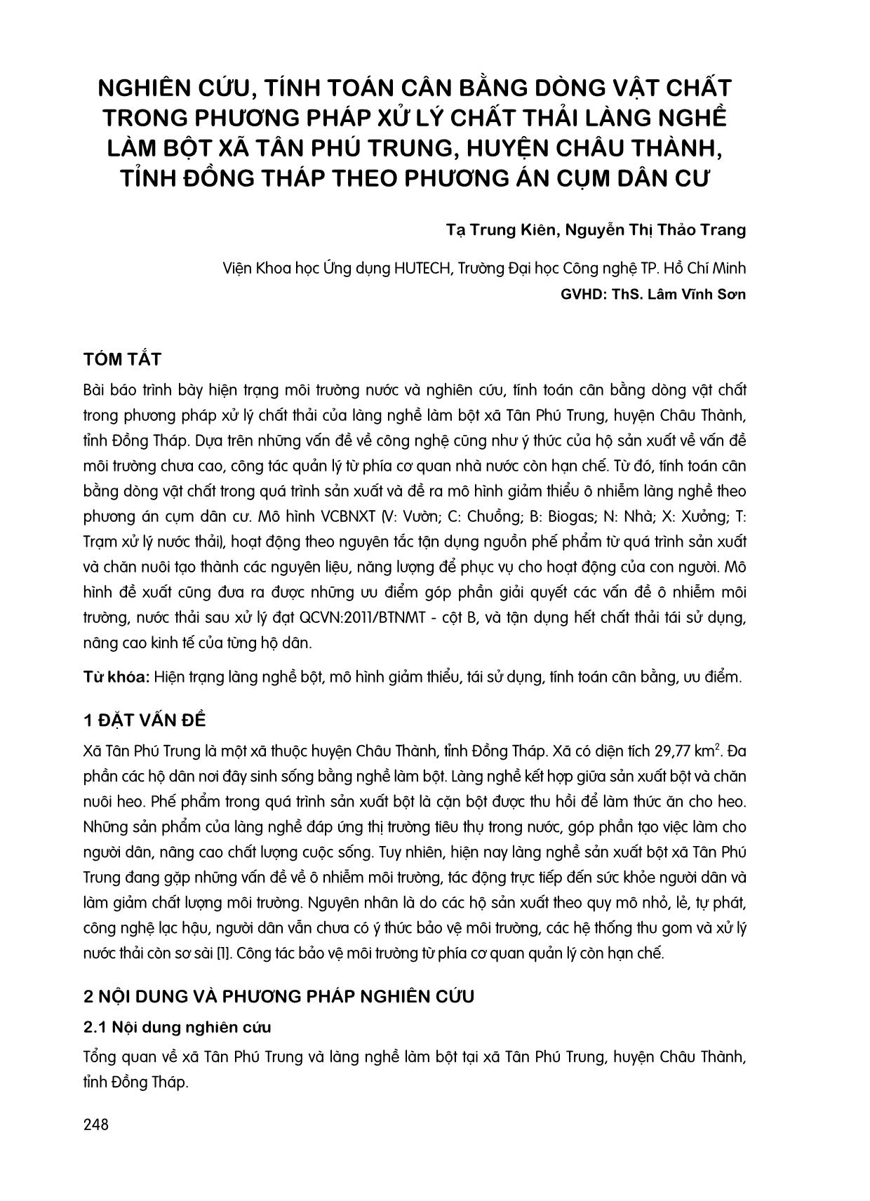 Nghiên cứu, tính toán cân bằng dòng vật chất trong phương pháp xử lý chất thải làng nghề làm bột xã tân Phú Trung, huyện Châu Thành, tỉnh Đồng Tháp theo phương án cụm dân cư trang 1