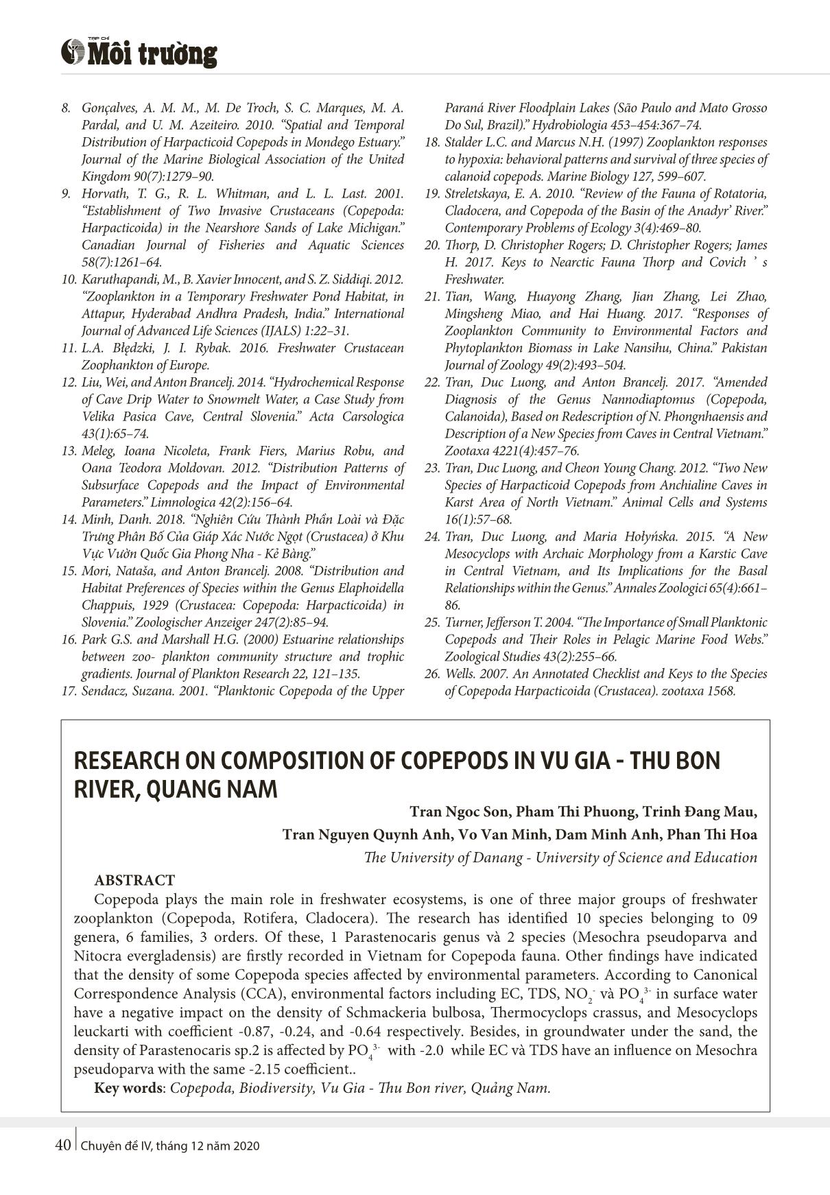 Nghiên cứu thành phần phân lớp giáp xác chân chèo (Copepoda) tại sông Vu Gia - Thu Bồn, Quảng Nam trang 5
