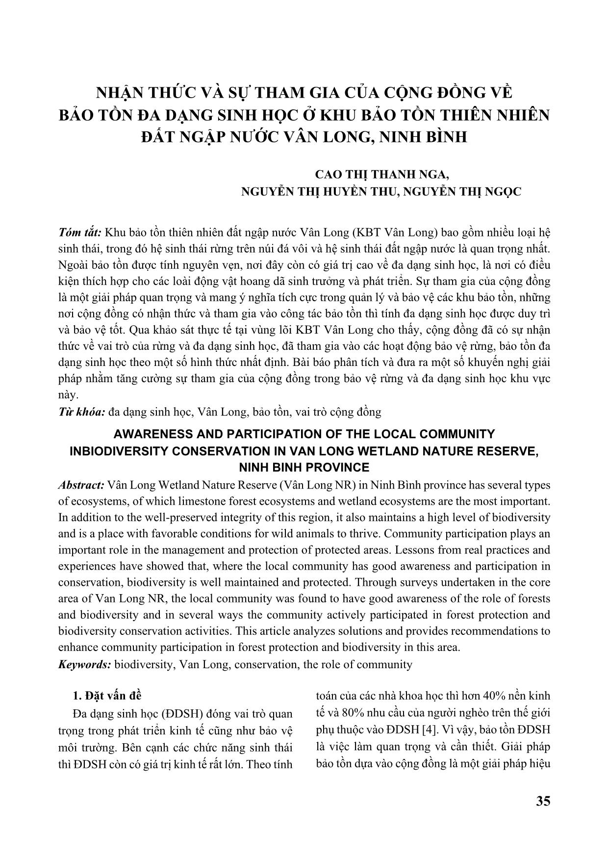 Nhận thức và sự tham gia của cộng đồng về bảo tồn đa dạng sinh học ở khu bảo tồn thiên nhiên đất ngập nước Vân Long, Ninh Bình trang 1