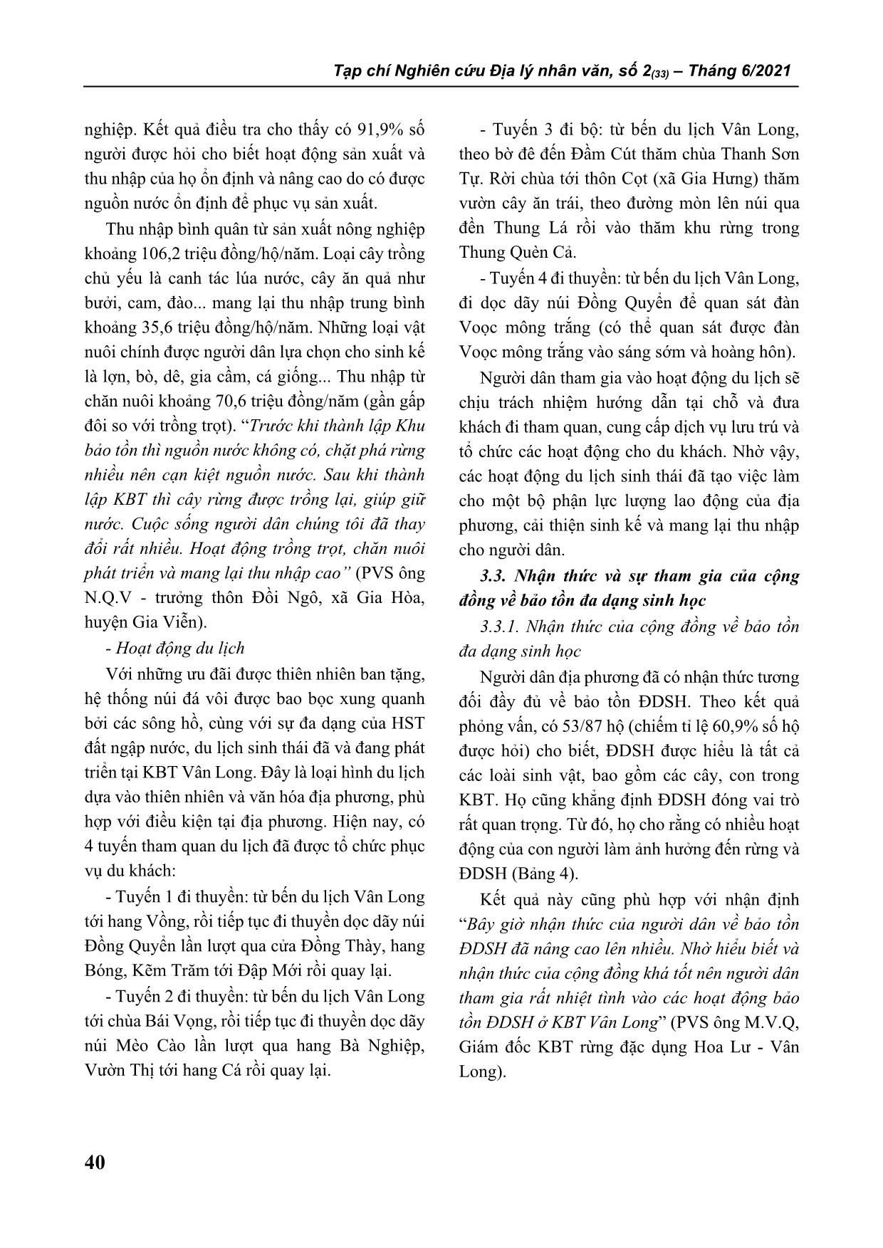 Nhận thức và sự tham gia của cộng đồng về bảo tồn đa dạng sinh học ở khu bảo tồn thiên nhiên đất ngập nước Vân Long, Ninh Bình trang 6