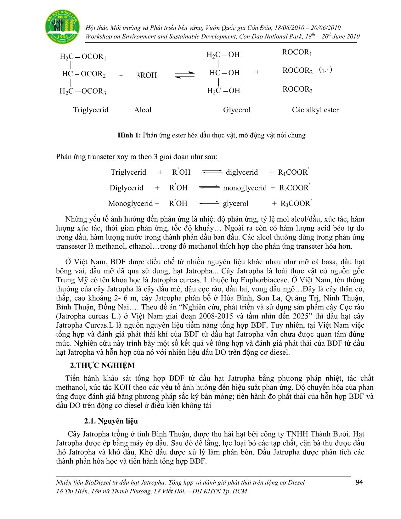 Nhiên liệu Biodiesel từ dầu hạt Jatropha: Tổng hợp và đánh giá phát thải trên động cơ Diesel trang 2