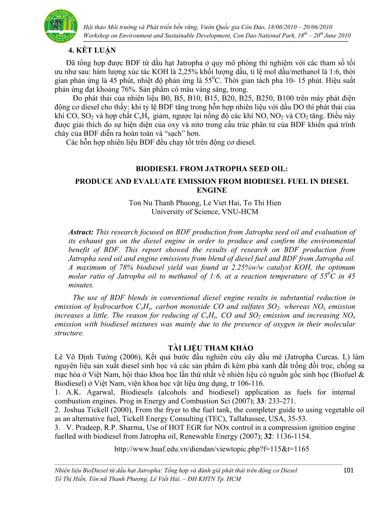 Nhiên liệu Biodiesel từ dầu hạt Jatropha: Tổng hợp và đánh giá phát thải trên động cơ Diesel trang 9