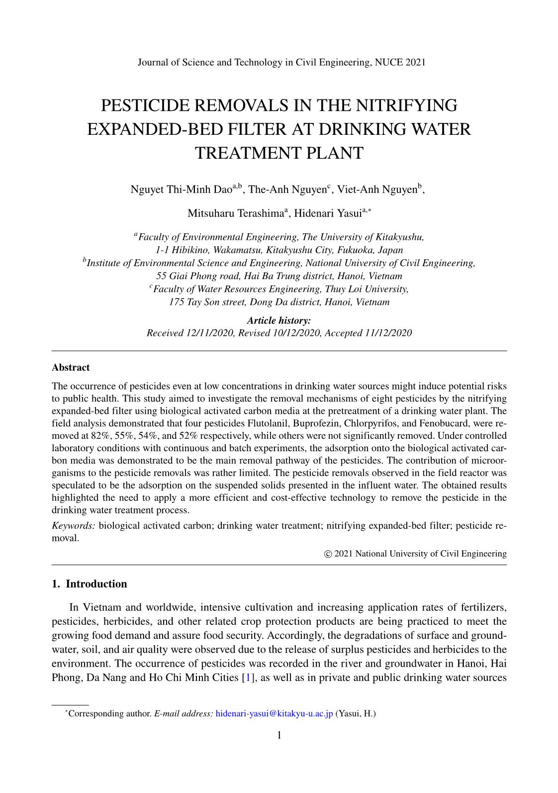 Pesticide removals in the nitrifying expanded - Bed filter at drinking water treatment plant trang 1