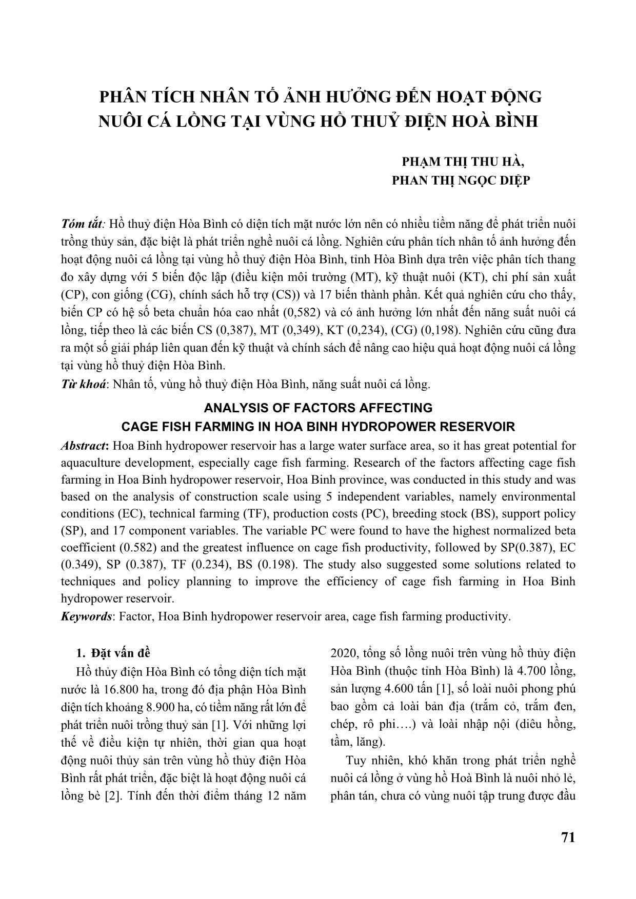Phân tích nhân tố ảnh hưởng đến hoạt động nuôi cá lồng tại vùng hồ thuỷ điện Hoà Bình trang 1