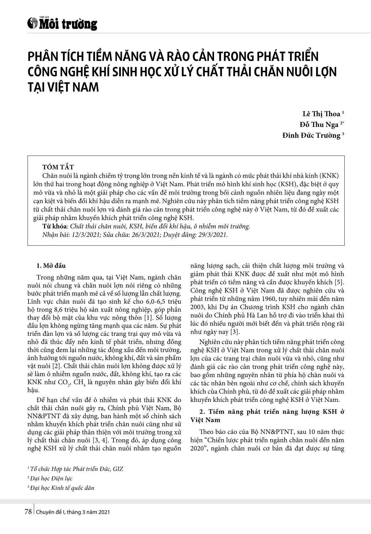 Phân tích tiềm năng và rào cản trong phát triển công nghệ khí sinh học xử lý chất thải chăn nuôi lợn tại Việt Nam trang 1