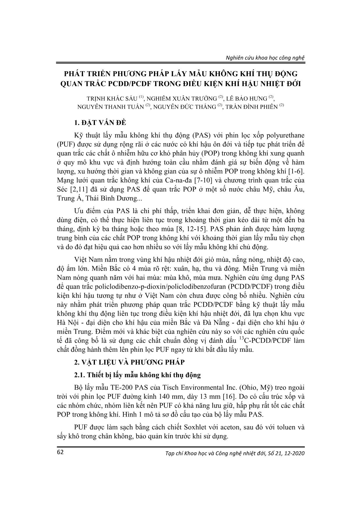 Phát triển phương pháp lấy mẫu không khí thụ động quan trắc PCDD/PCDF trong điều kiện khí hậu nhiệt đới trang 1