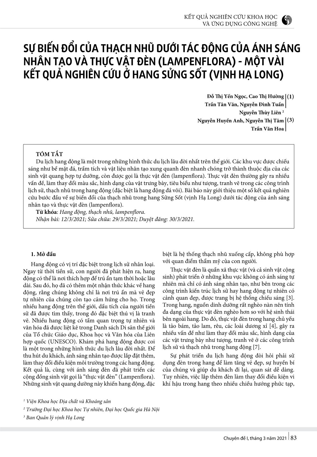 Sự biến đổi của thạch nhũ dưới tác động của ánh sáng nhân tạo và thực vật đèn (Lampenflora) - Một vài kết quả nghiên cứu ở hang sửng sốt (vịnh Hạ Long) trang 1