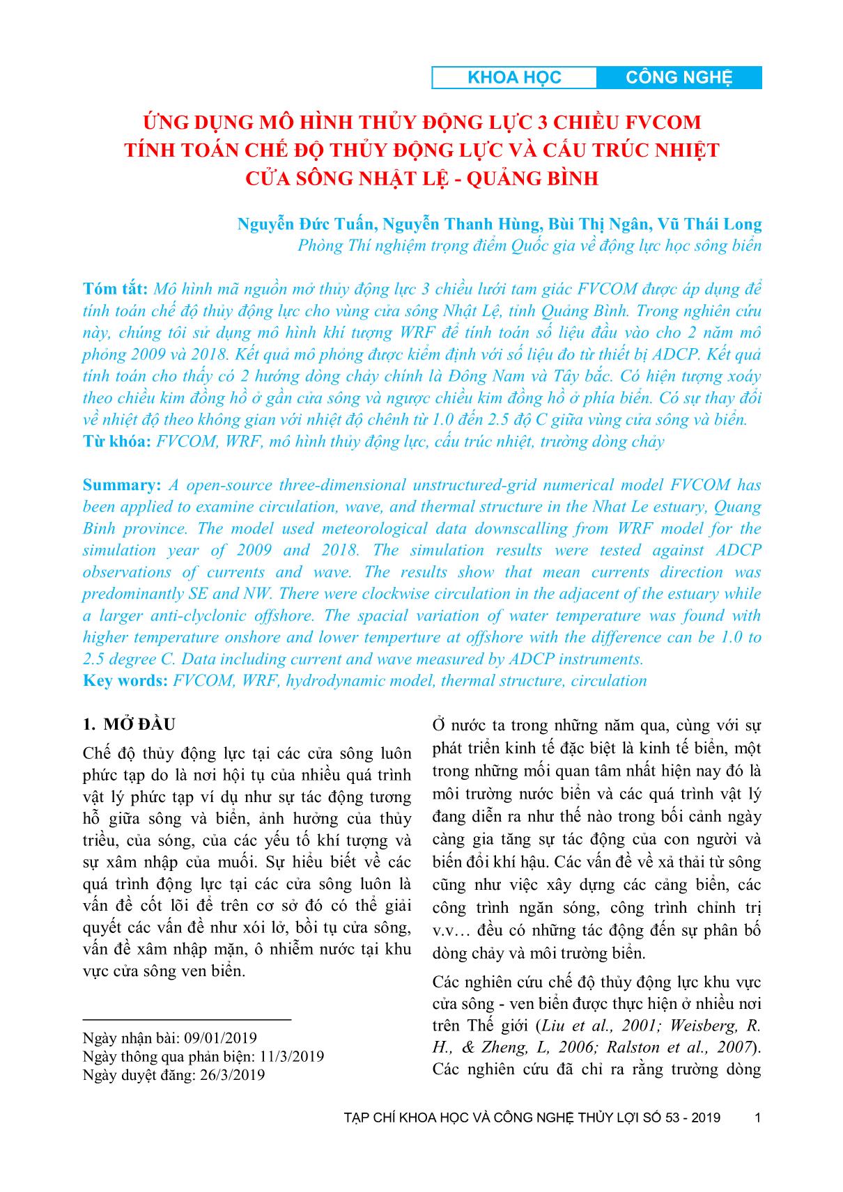 Ứng dụng mô hình thủy động lực 3 chiều Fvcom tính toán chế độ thủy động lực và cấu trúc nhiệt cửa sông Nhật Lệ - Quảng Bình trang 1