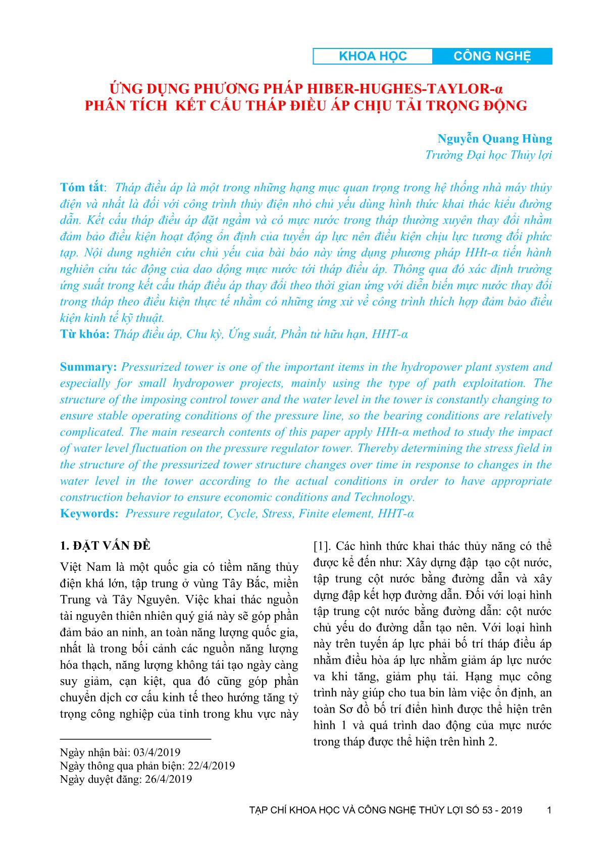Ứng dụng phương pháp Hiber-Hughes-Taylor-α phân tích kết cấu tháp điều áp chịu tải trọng động trang 1