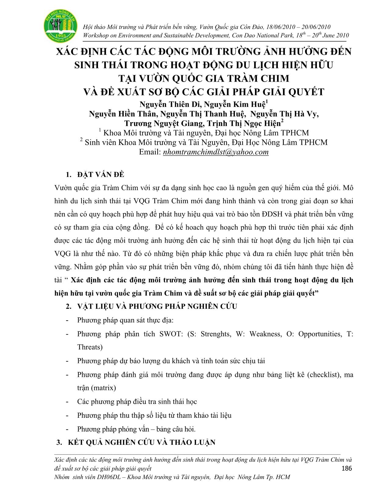 Xác định các tác động môi trường ảnh hưởng đến sinh thái trong hoạt động du lịch hiện hữu tại vườn quốc gia Tràm Chim và đề xuất sơ bộ các giải pháp giải quyết trang 1