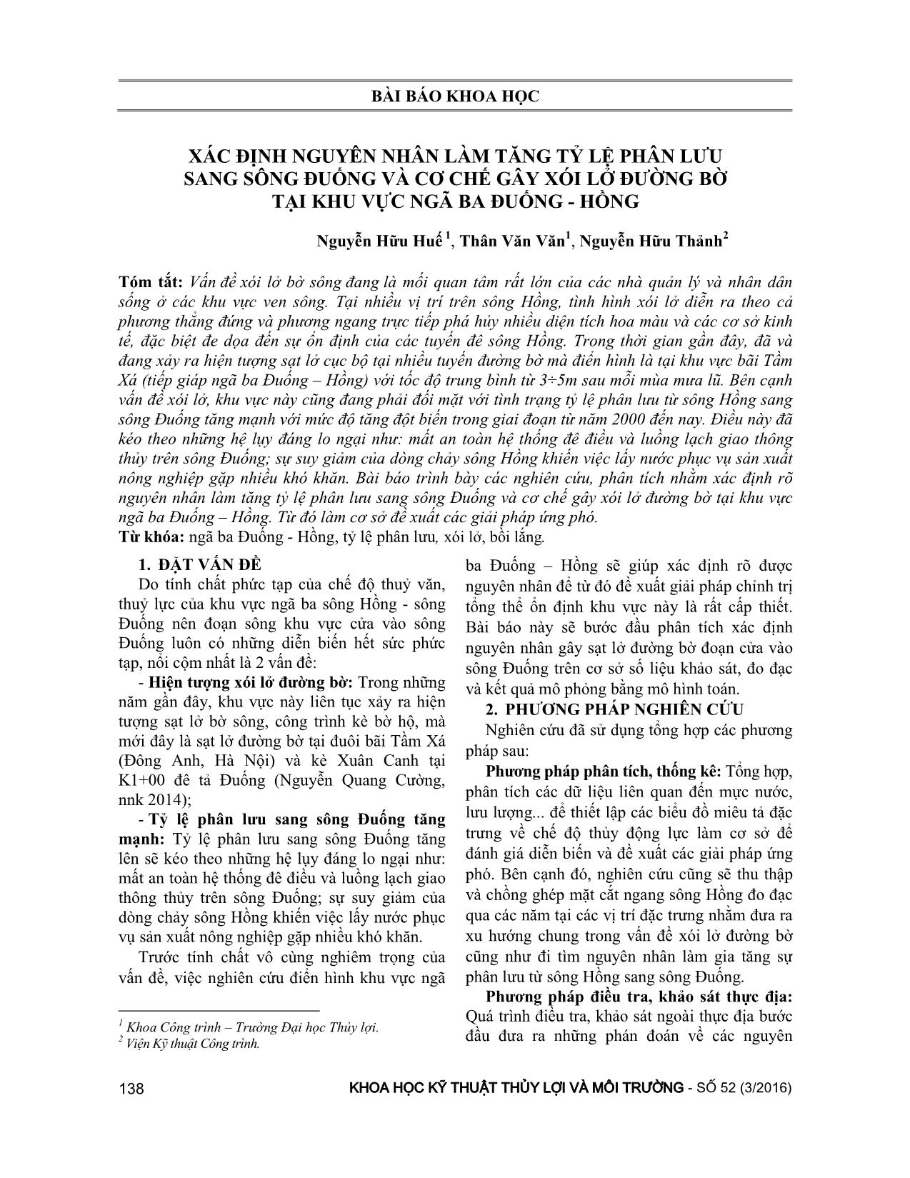 Xác định nguyên nhân làm tăng tỷ lệ phân lưu sang sông đuống và cơ chế gây xói lở đường bờ tại khu vực ngã ba Đuống - Hồng trang 1