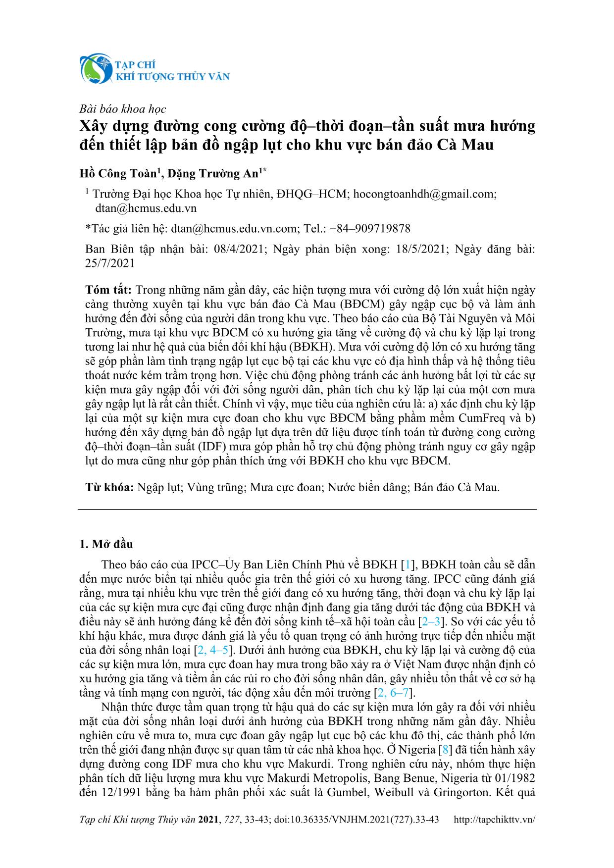 Xây dựng đường cong cường độ – thời đoạn – tần suất mưa hướng đến thiết lập bản đồ ngập lụt cho khu vực bán đảo Cà Mau trang 1