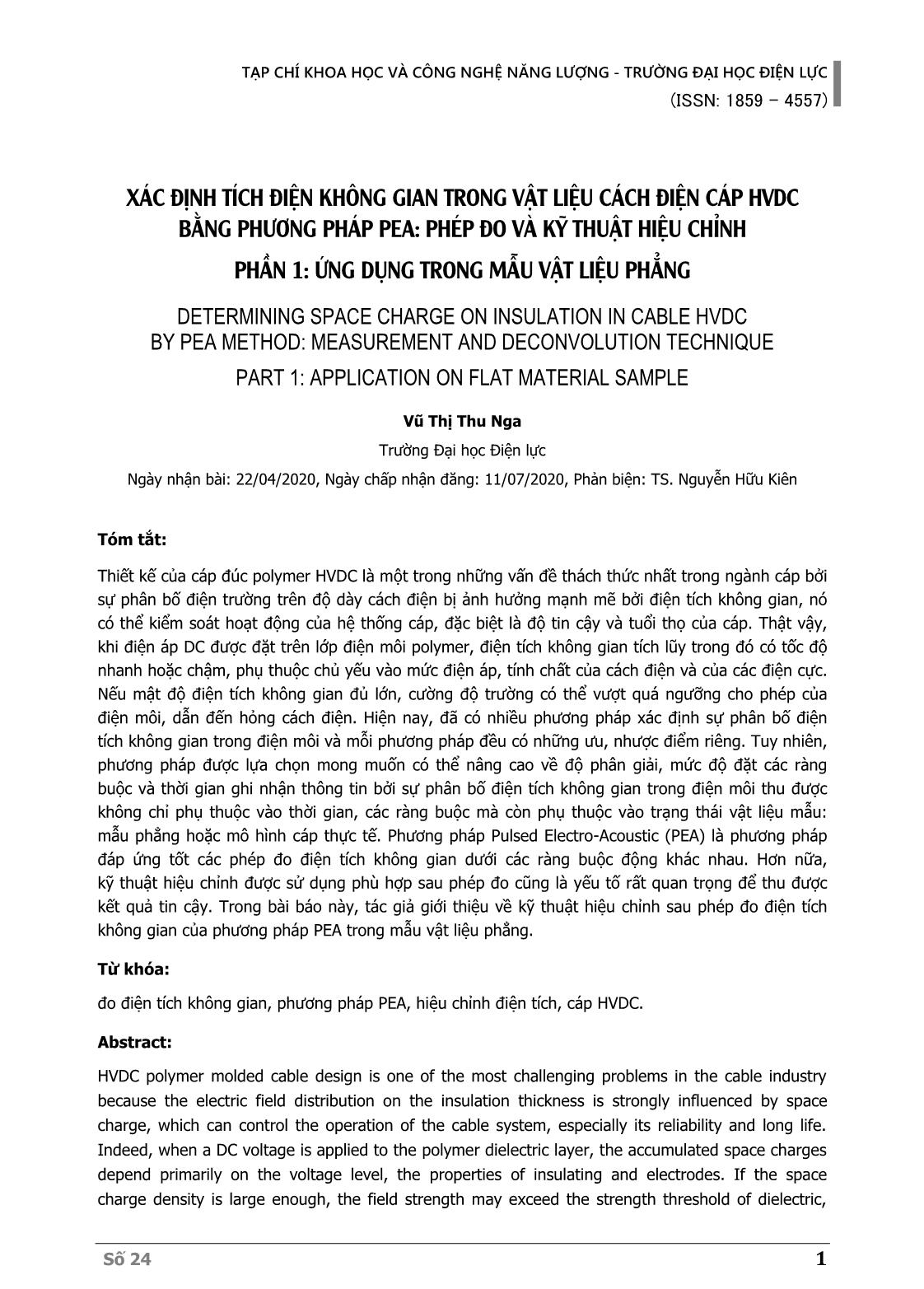 Xác định tích điện không gian trong vật liệu cách điện cáp hvdc bằng phương pháp pea: Phép đo và kỹ thuật hiệu chỉnh trang 1