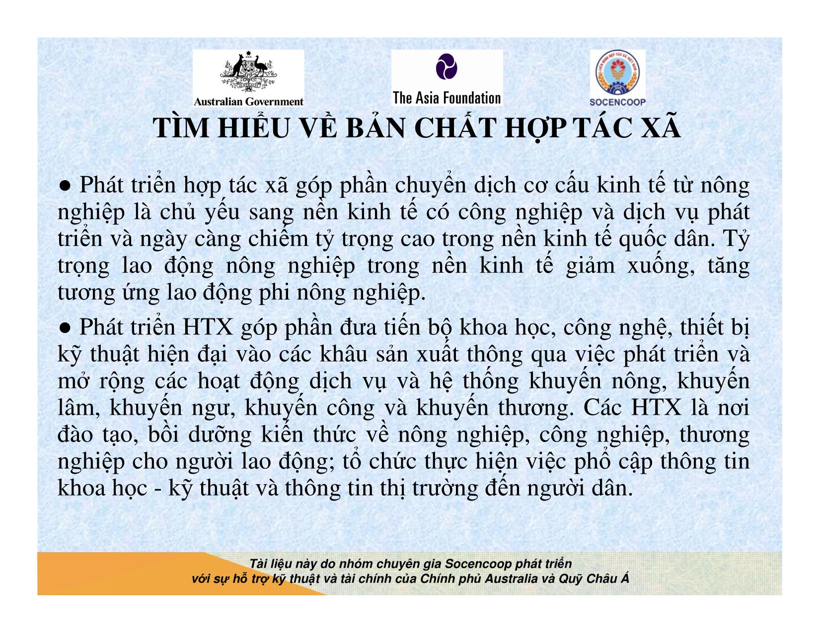 Tài liệu Cẩm nang hướng dẫn đào tạo cán bộ chủ chốt hợp tác xã - Bài 1: Tìm hiểu về bản chất hợp tác xã trang 8