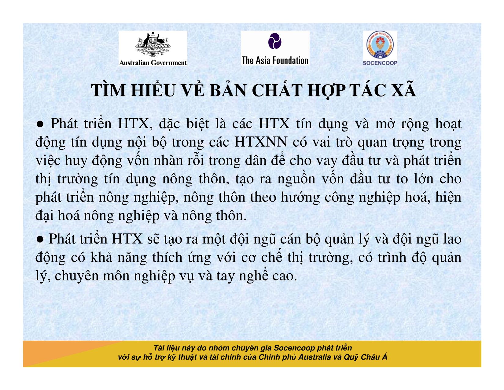 Tài liệu Cẩm nang hướng dẫn đào tạo cán bộ chủ chốt hợp tác xã - Bài 1: Tìm hiểu về bản chất hợp tác xã trang 9