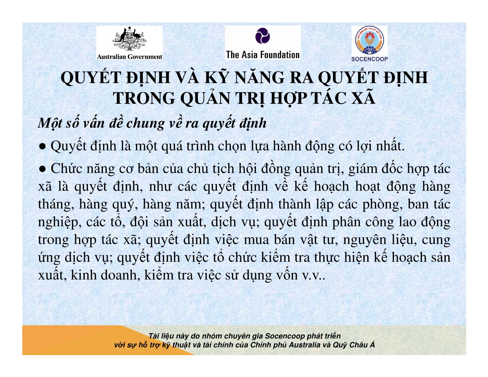 Tài liệu Cẩm nang hướng dẫn đào tạo cán bộ chủ chốt hợp tác xã - Bài 10: Quyết định và kỹ năng ra quyết định trong quản trị hợp tác xã trang 2