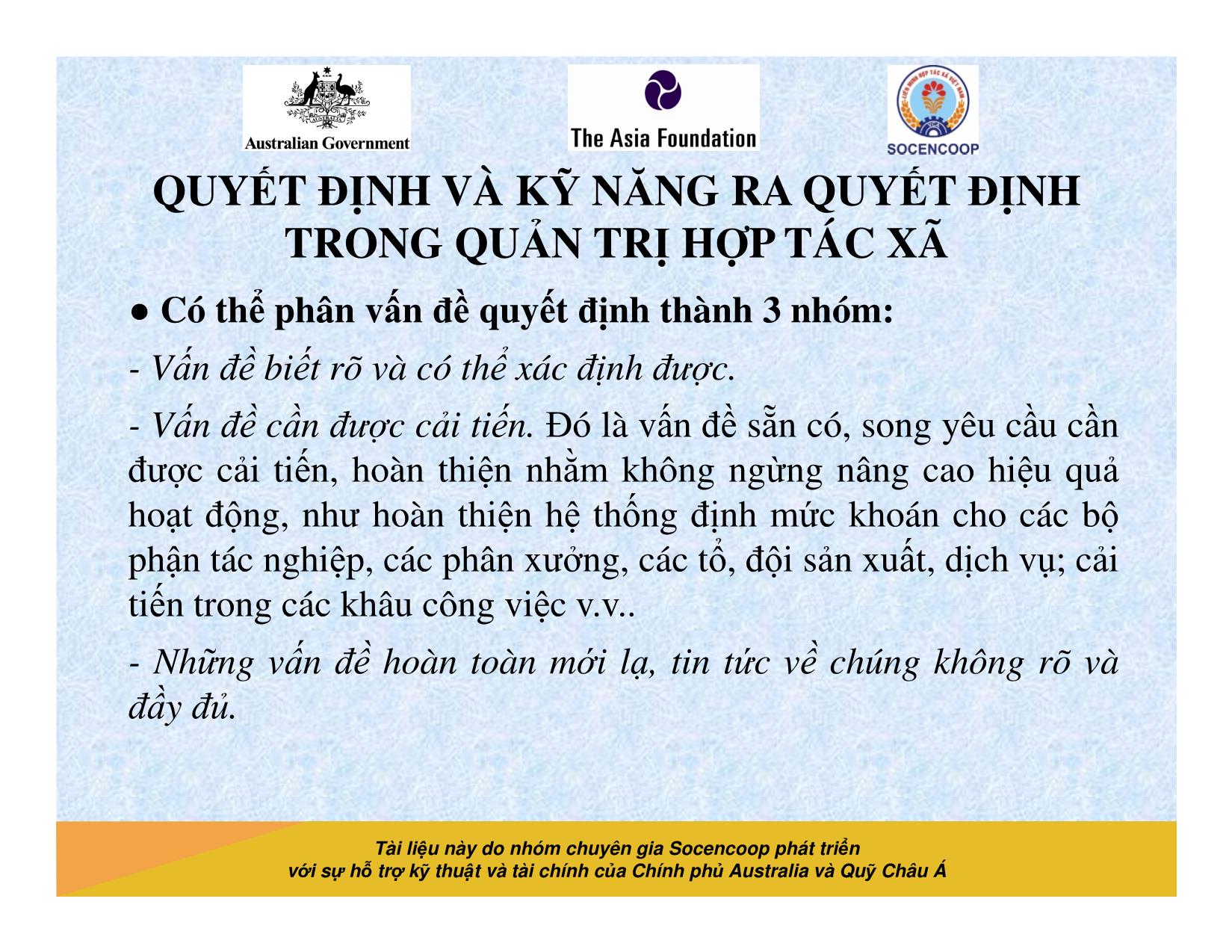 Tài liệu Cẩm nang hướng dẫn đào tạo cán bộ chủ chốt hợp tác xã - Bài 10: Quyết định và kỹ năng ra quyết định trong quản trị hợp tác xã trang 3