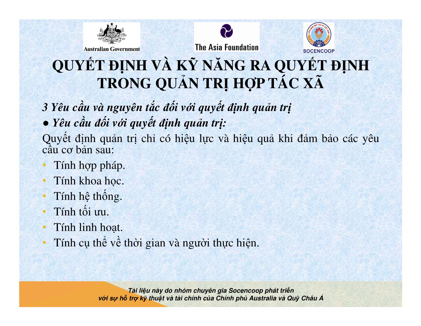 Tài liệu Cẩm nang hướng dẫn đào tạo cán bộ chủ chốt hợp tác xã - Bài 10: Quyết định và kỹ năng ra quyết định trong quản trị hợp tác xã trang 8