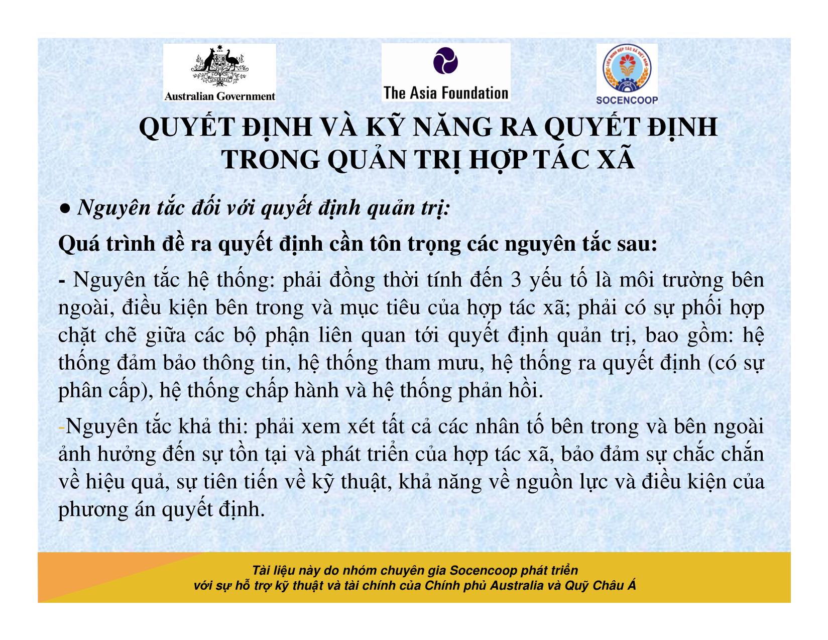 Tài liệu Cẩm nang hướng dẫn đào tạo cán bộ chủ chốt hợp tác xã - Bài 10: Quyết định và kỹ năng ra quyết định trong quản trị hợp tác xã trang 9