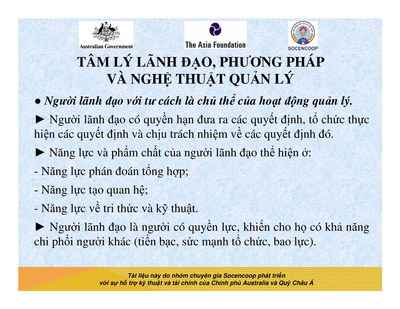 Tài liệu Cẩm nang hướng dẫn đào tạo cán bộ chủ chốt hợp tác xã - Bài 11: Tâm lý lãnh đạo, phương pháp và nghệ thuật quản lý trang 10