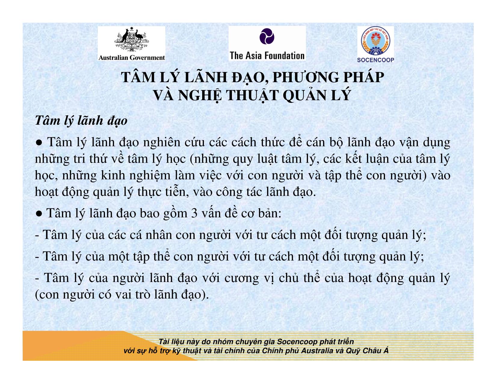 Tài liệu Cẩm nang hướng dẫn đào tạo cán bộ chủ chốt hợp tác xã - Bài 11: Tâm lý lãnh đạo, phương pháp và nghệ thuật quản lý trang 2