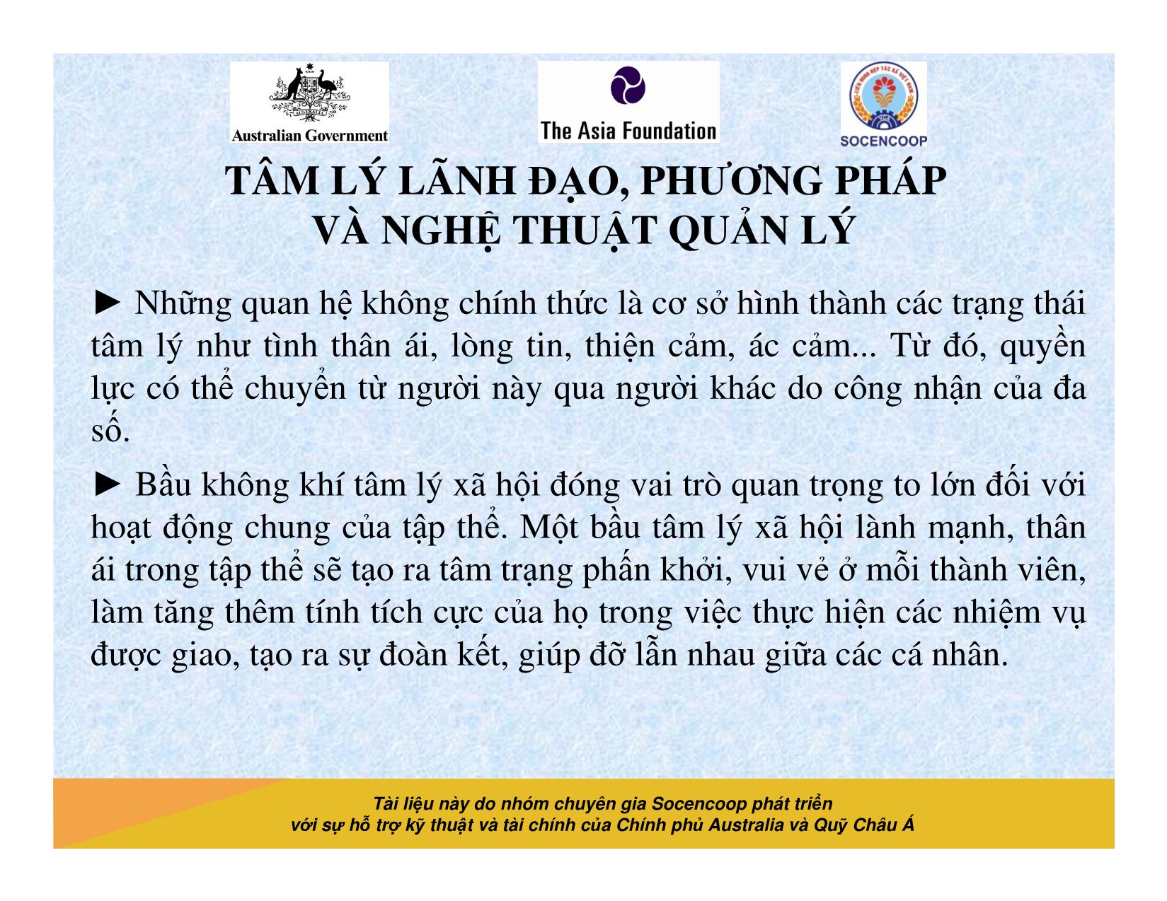 Tài liệu Cẩm nang hướng dẫn đào tạo cán bộ chủ chốt hợp tác xã - Bài 11: Tâm lý lãnh đạo, phương pháp và nghệ thuật quản lý trang 9