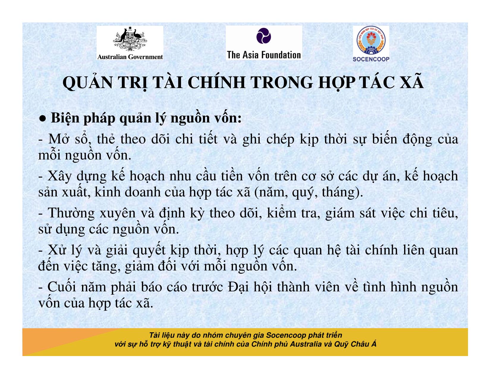 Tài liệu Cẩm nang hướng dẫn đào tạo cán bộ chủ chốt hợp tác xã - Bài 12: Quản trị tài chính trong hợp tác xã trang 7