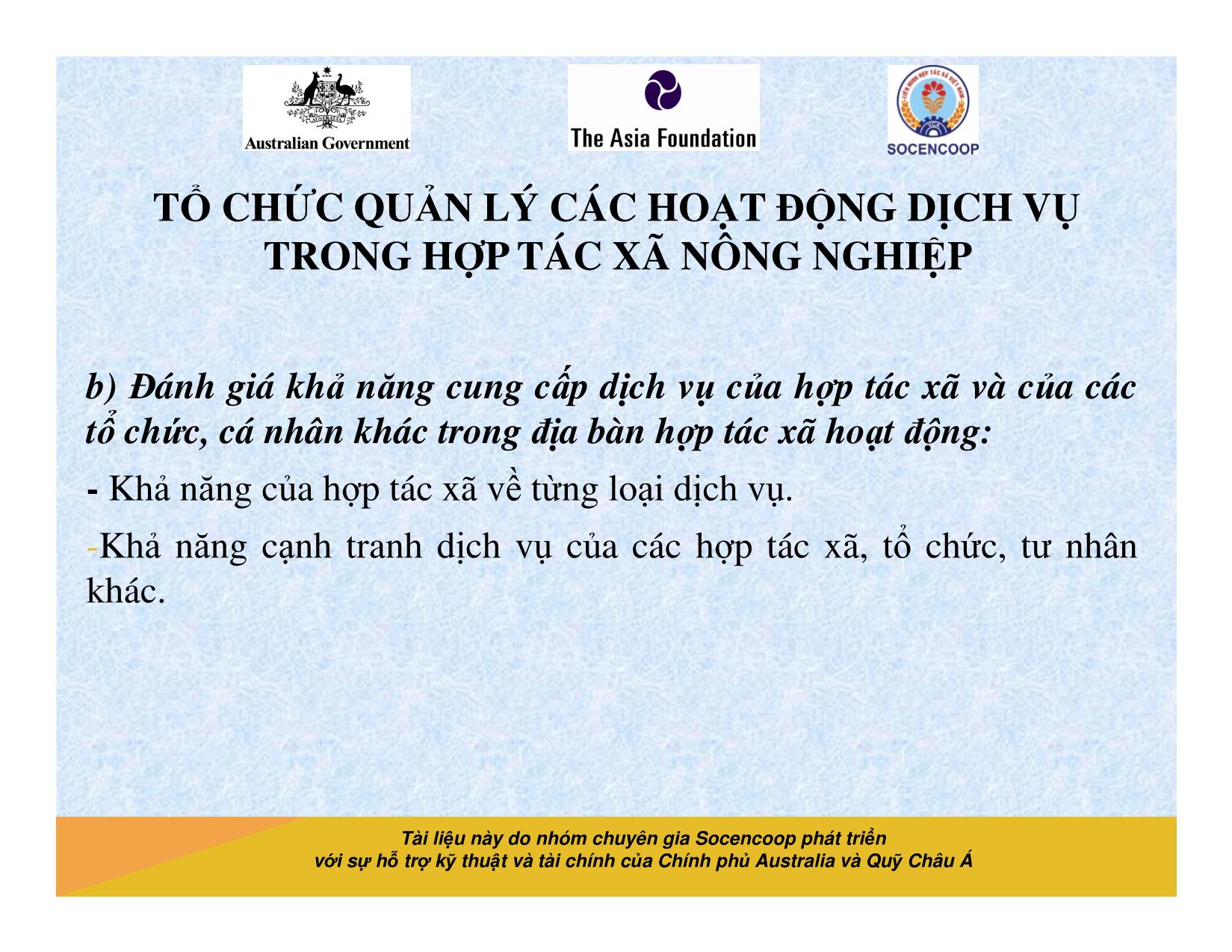 Tài liệu Cẩm nang hướng dẫn đào tạo cán bộ chủ chốt hợp tác xã - Bài 14: Tổ chức quản lý các hoạt động dịch vụ trong hợp tác xã nông nghiệp trang 10