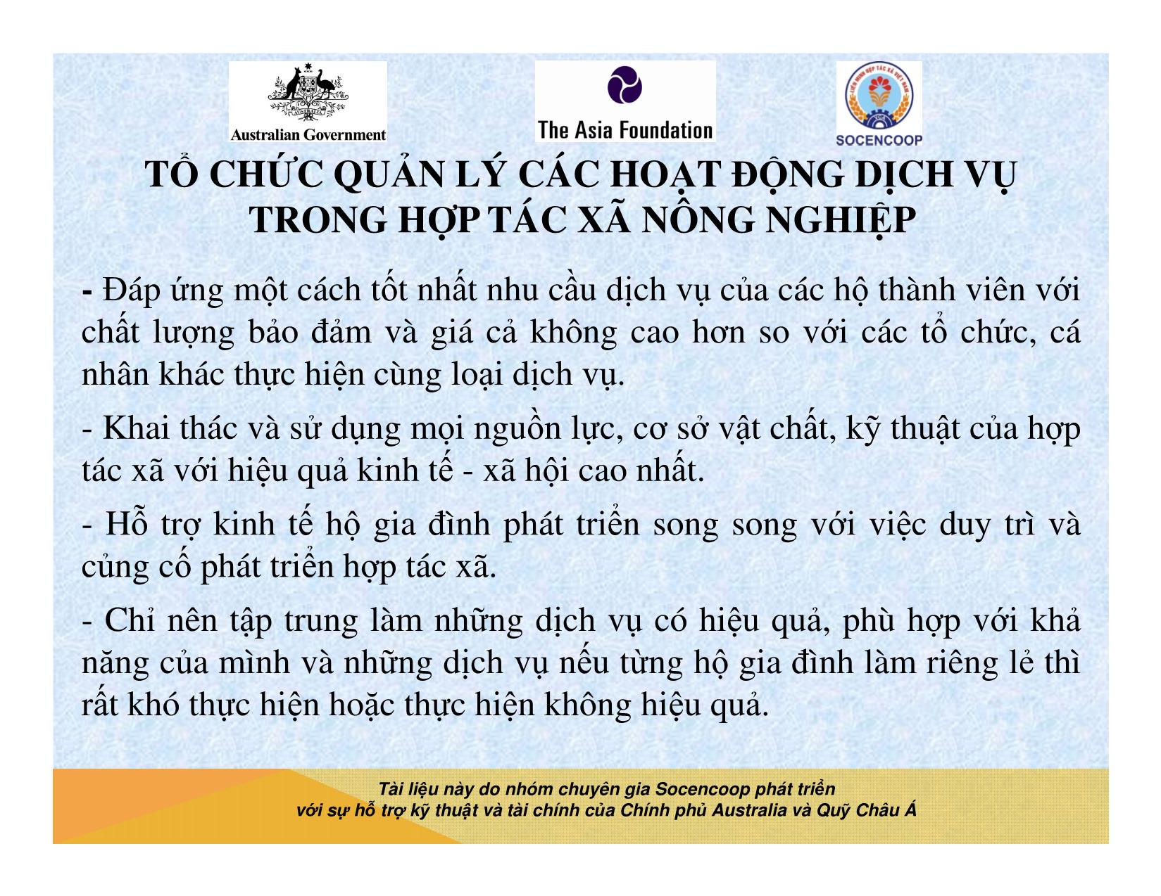 Tài liệu Cẩm nang hướng dẫn đào tạo cán bộ chủ chốt hợp tác xã - Bài 14: Tổ chức quản lý các hoạt động dịch vụ trong hợp tác xã nông nghiệp trang 3