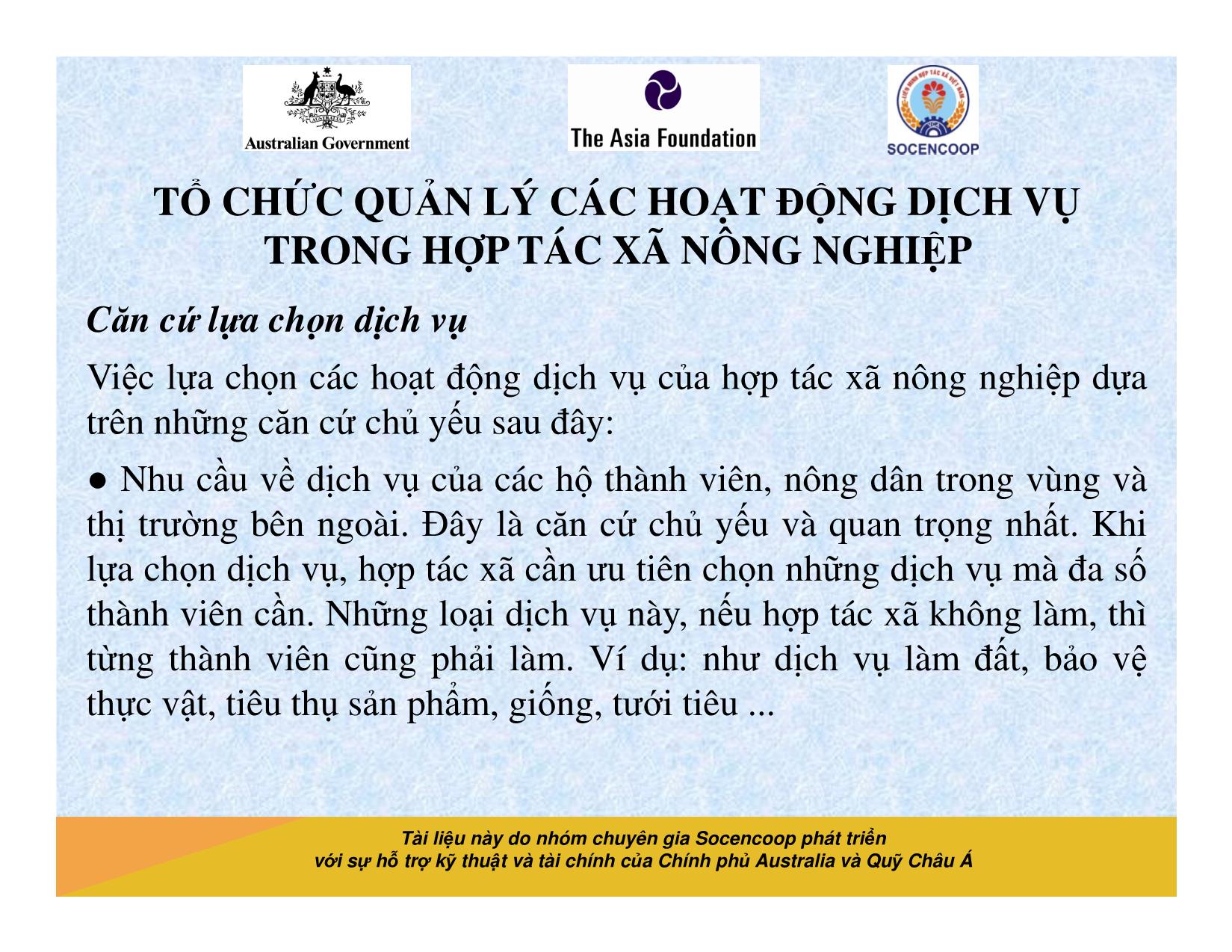 Tài liệu Cẩm nang hướng dẫn đào tạo cán bộ chủ chốt hợp tác xã - Bài 14: Tổ chức quản lý các hoạt động dịch vụ trong hợp tác xã nông nghiệp trang 4