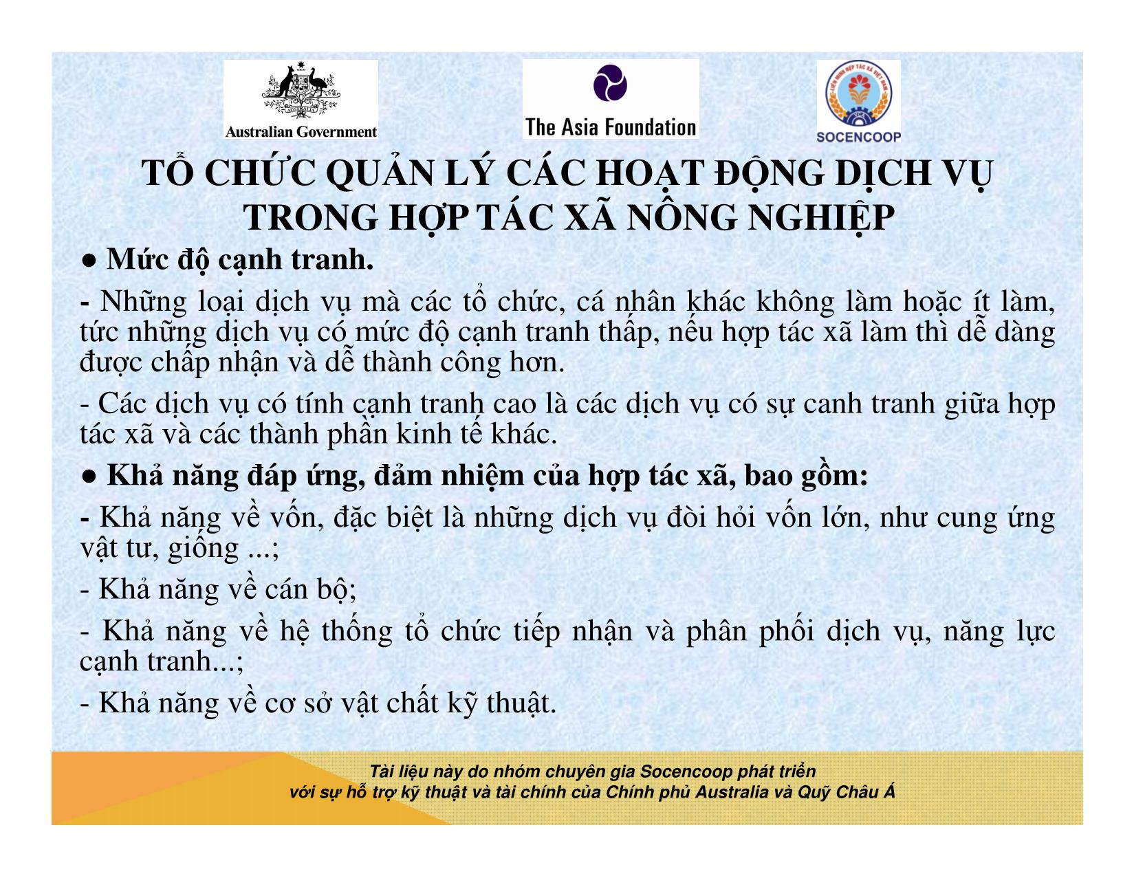 Tài liệu Cẩm nang hướng dẫn đào tạo cán bộ chủ chốt hợp tác xã - Bài 14: Tổ chức quản lý các hoạt động dịch vụ trong hợp tác xã nông nghiệp trang 5