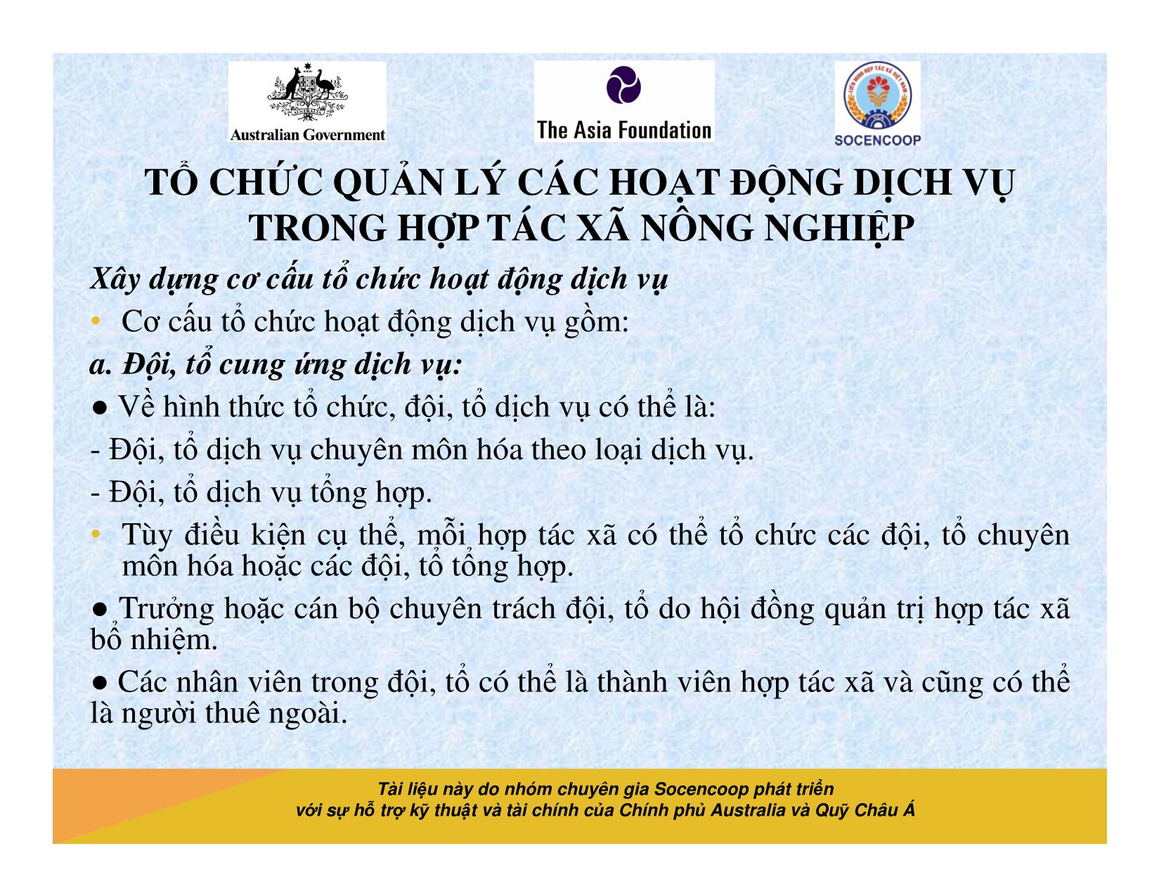 Tài liệu Cẩm nang hướng dẫn đào tạo cán bộ chủ chốt hợp tác xã - Bài 14: Tổ chức quản lý các hoạt động dịch vụ trong hợp tác xã nông nghiệp trang 6