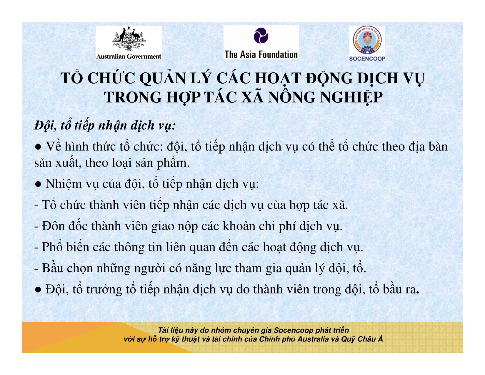 Tài liệu Cẩm nang hướng dẫn đào tạo cán bộ chủ chốt hợp tác xã - Bài 14: Tổ chức quản lý các hoạt động dịch vụ trong hợp tác xã nông nghiệp trang 7