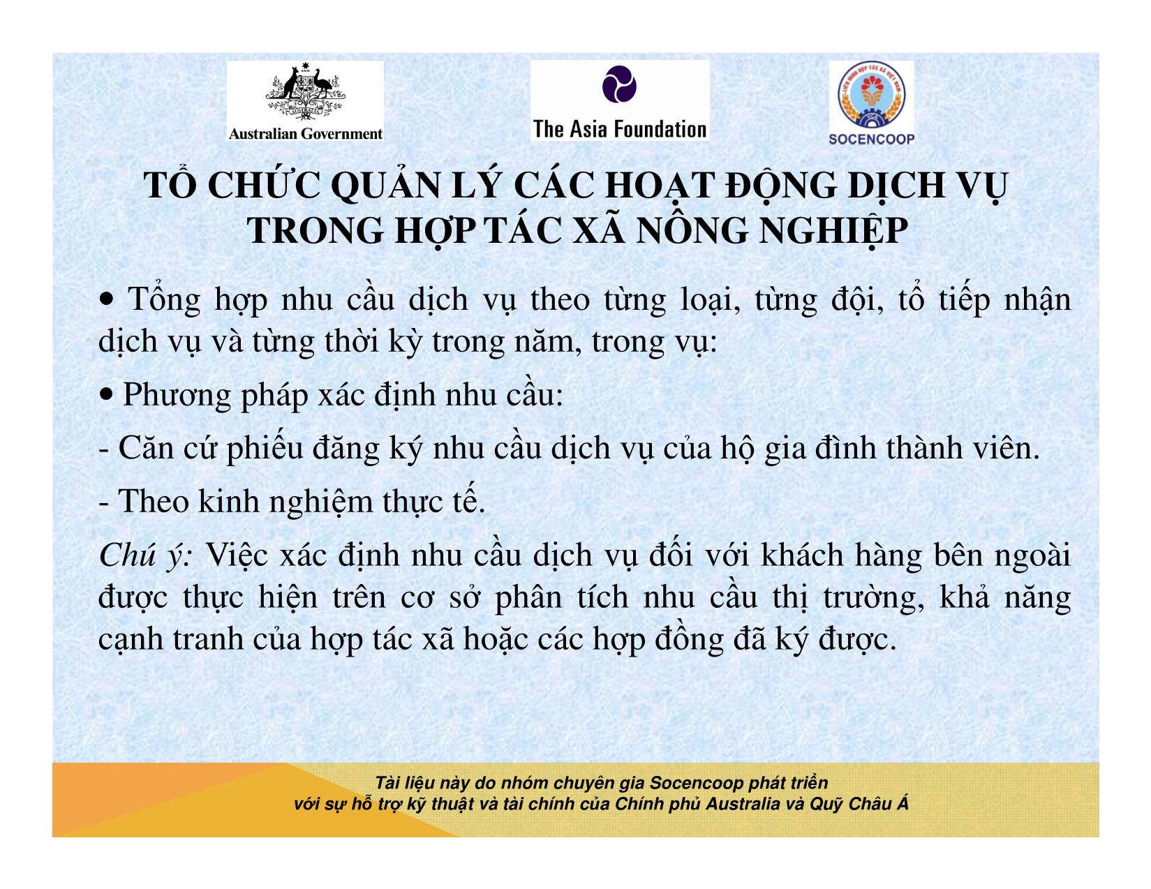 Tài liệu Cẩm nang hướng dẫn đào tạo cán bộ chủ chốt hợp tác xã - Bài 14: Tổ chức quản lý các hoạt động dịch vụ trong hợp tác xã nông nghiệp trang 9