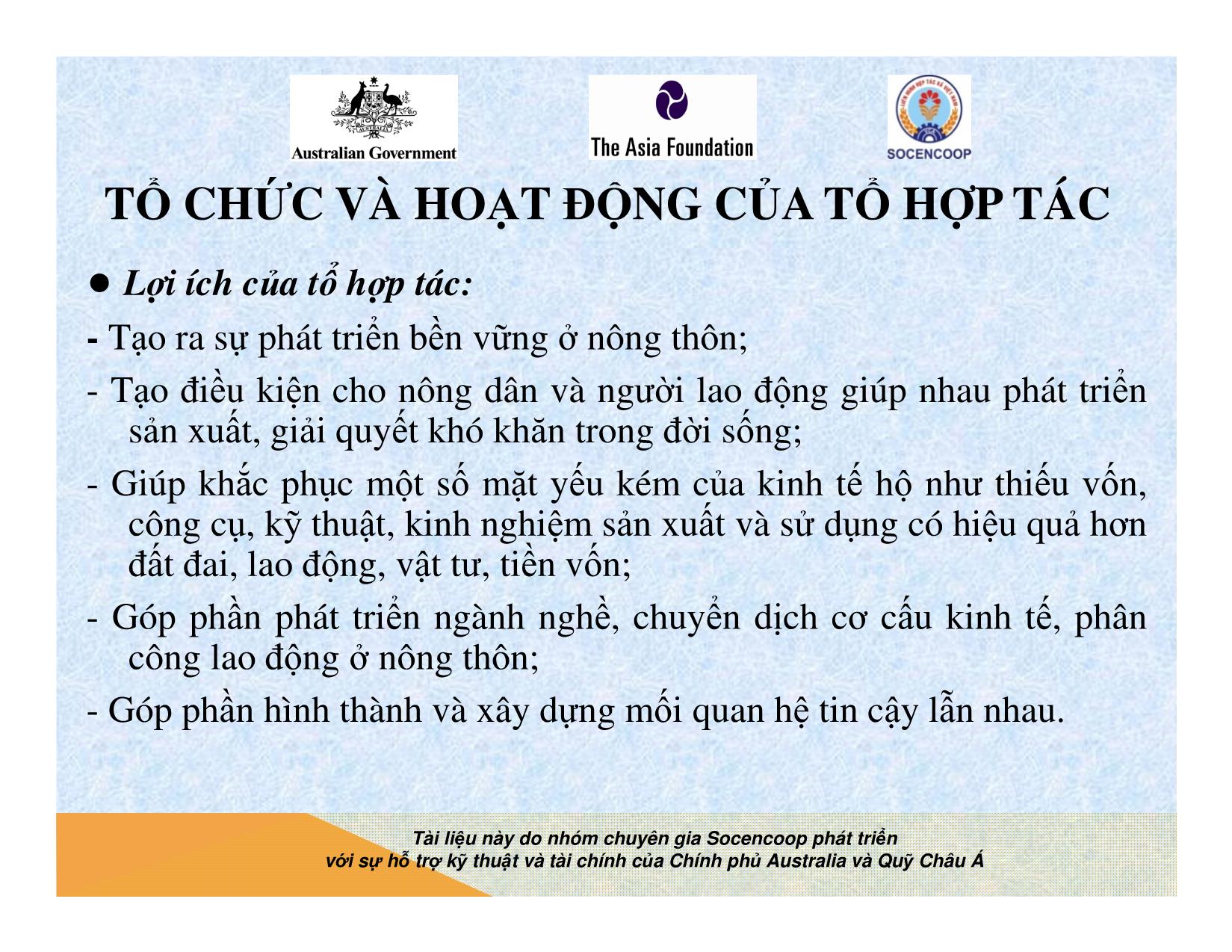 Tài liệu Cẩm nang hướng dẫn đào tạo cán bộ chủ chốt hợp tác xã - Bài 2: Tổ chức và hoạt động của tổ hợp tác trang 6