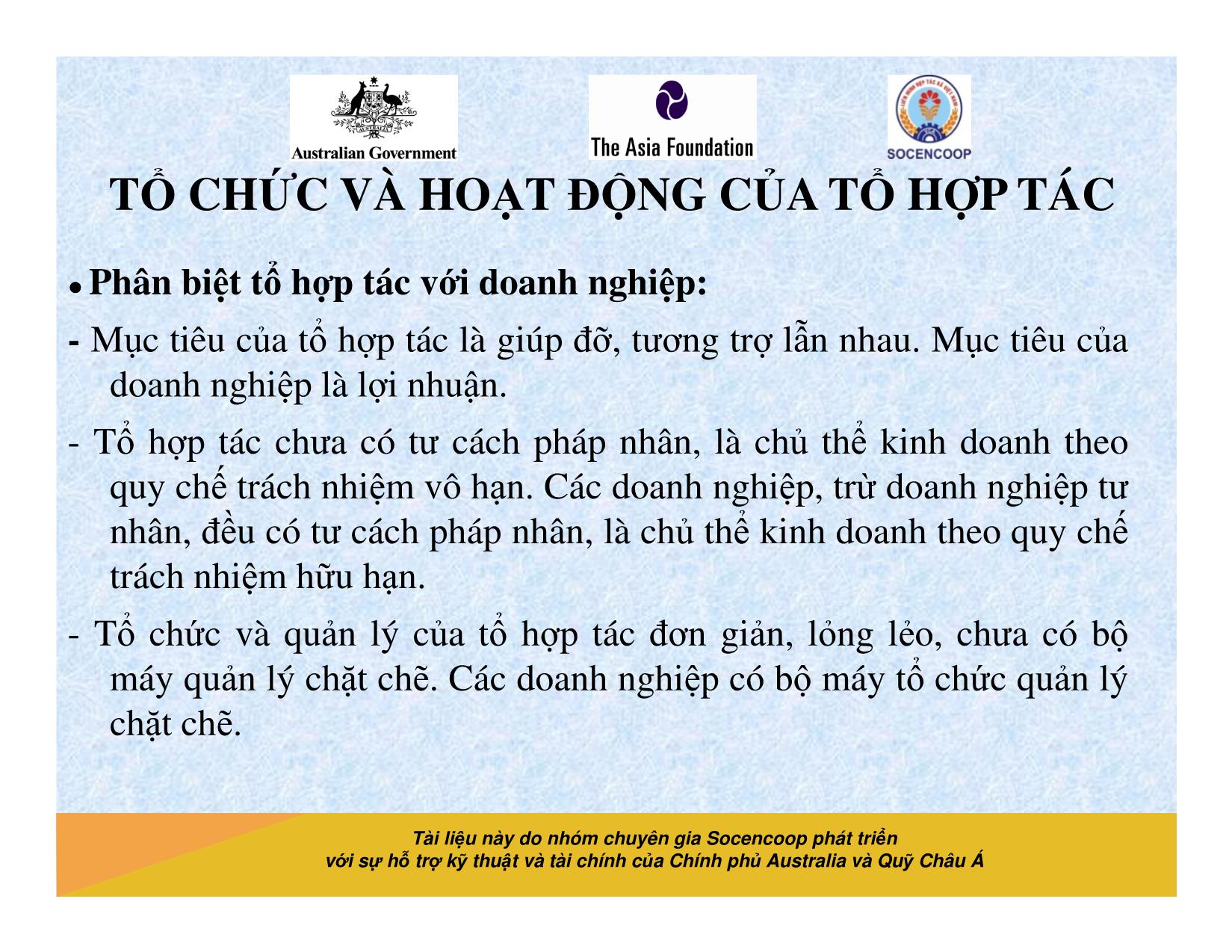 Tài liệu Cẩm nang hướng dẫn đào tạo cán bộ chủ chốt hợp tác xã - Bài 2: Tổ chức và hoạt động của tổ hợp tác trang 9