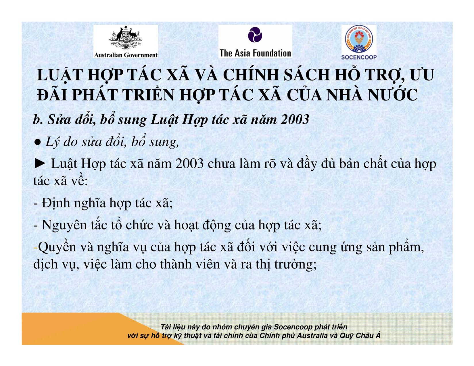 Tài liệu Cẩm nang hướng dẫn đào tạo cán bộ chủ chốt hợp tác xã - Bài 6: Luật hợp tác xã và chính sách hỗ trợ, ưu đãi phát triển hợp tác xã của nhà nước trang 10