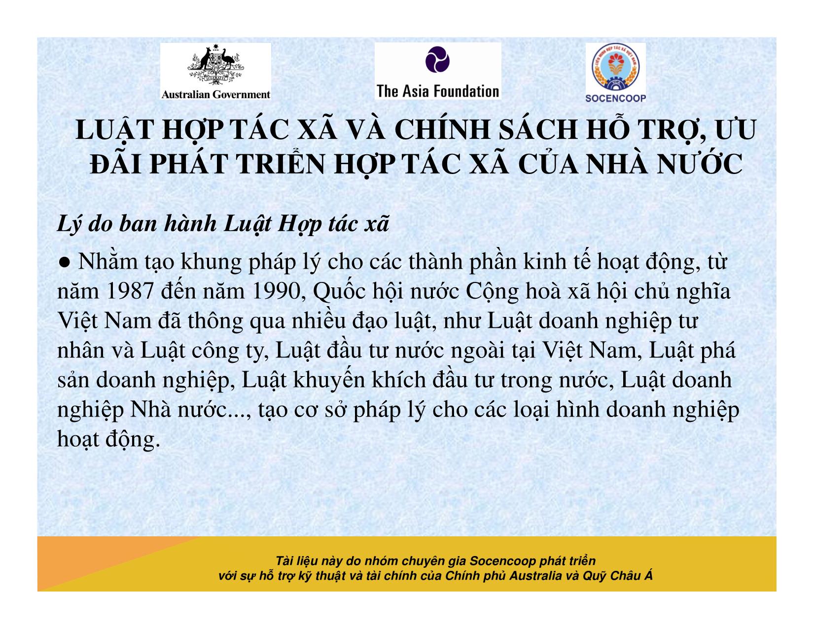 Tài liệu Cẩm nang hướng dẫn đào tạo cán bộ chủ chốt hợp tác xã - Bài 6: Luật hợp tác xã và chính sách hỗ trợ, ưu đãi phát triển hợp tác xã của nhà nước trang 2