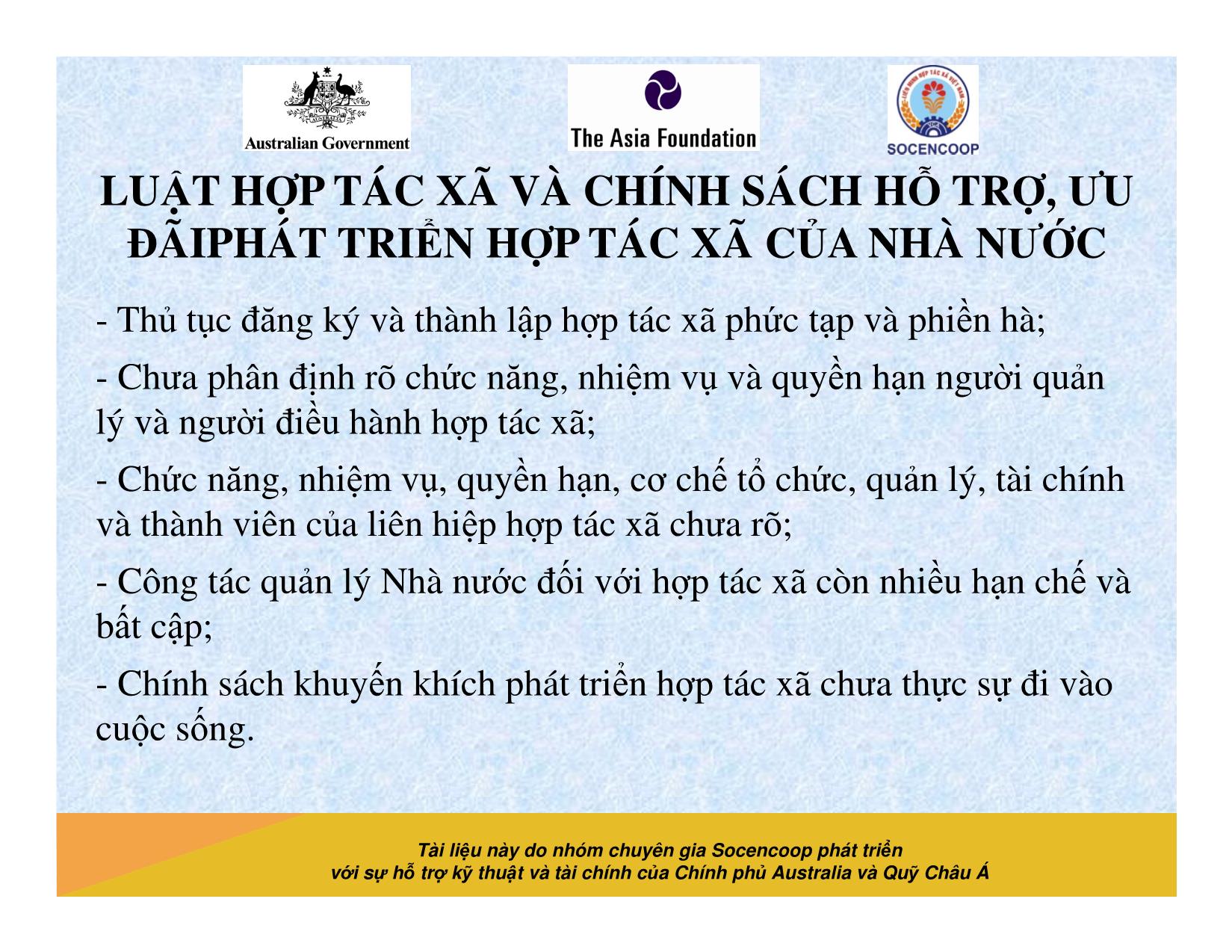 Tài liệu Cẩm nang hướng dẫn đào tạo cán bộ chủ chốt hợp tác xã - Bài 6: Luật hợp tác xã và chính sách hỗ trợ, ưu đãi phát triển hợp tác xã của nhà nước trang 5