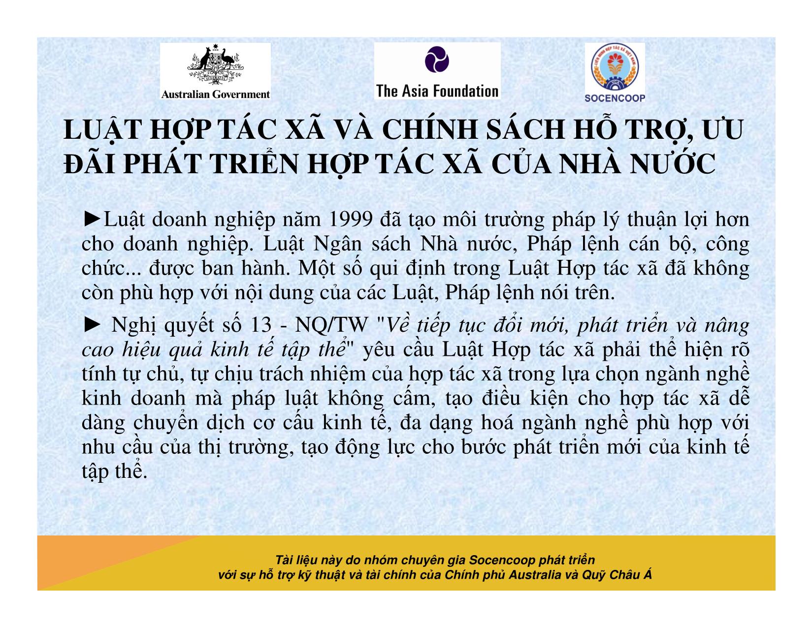 Tài liệu Cẩm nang hướng dẫn đào tạo cán bộ chủ chốt hợp tác xã - Bài 6: Luật hợp tác xã và chính sách hỗ trợ, ưu đãi phát triển hợp tác xã của nhà nước trang 6