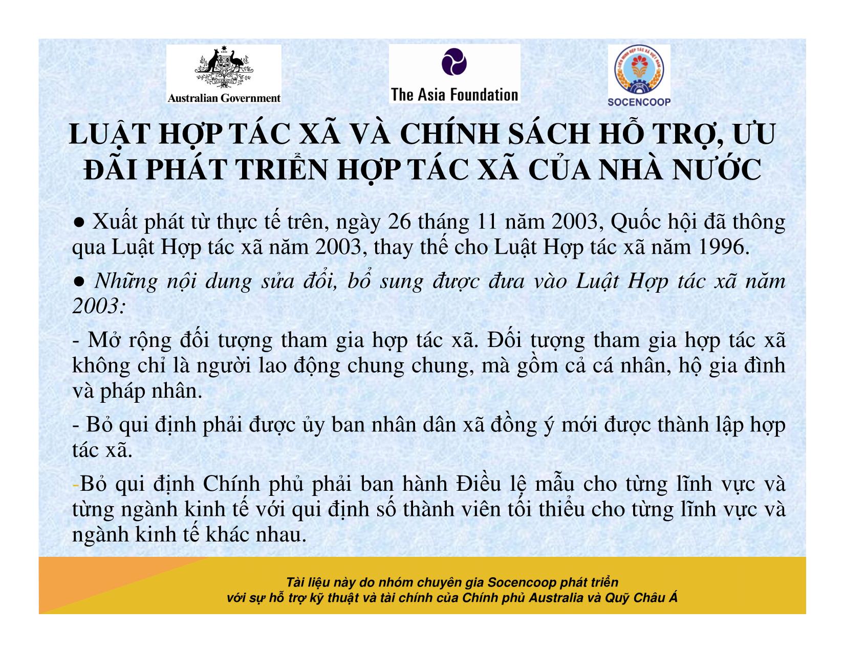 Tài liệu Cẩm nang hướng dẫn đào tạo cán bộ chủ chốt hợp tác xã - Bài 6: Luật hợp tác xã và chính sách hỗ trợ, ưu đãi phát triển hợp tác xã của nhà nước trang 7